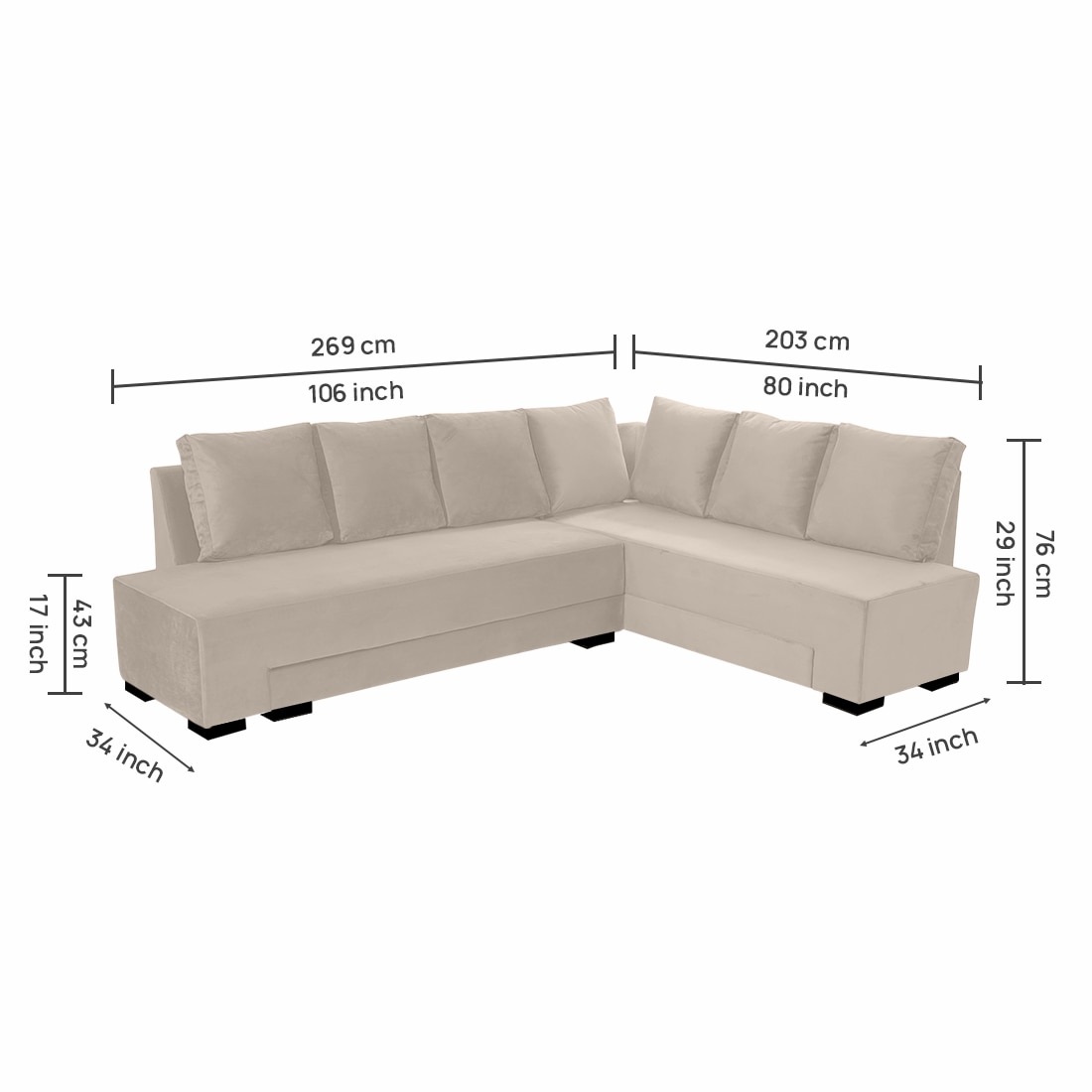 Melo 3 Seater Right Sectional Velvet Sofa Cum Bed in Cream colour