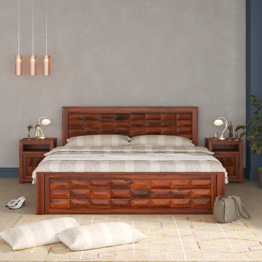 Diamond Box and Drawers Storage Queen Bed in Honey Finish