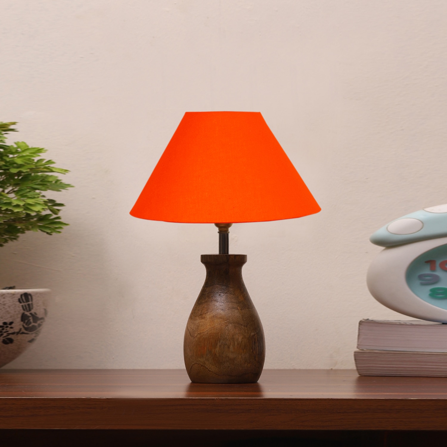 Devansh Orange Cotton Table Lamp With  Wood Natural Base -(10X12.5 Inches)-28