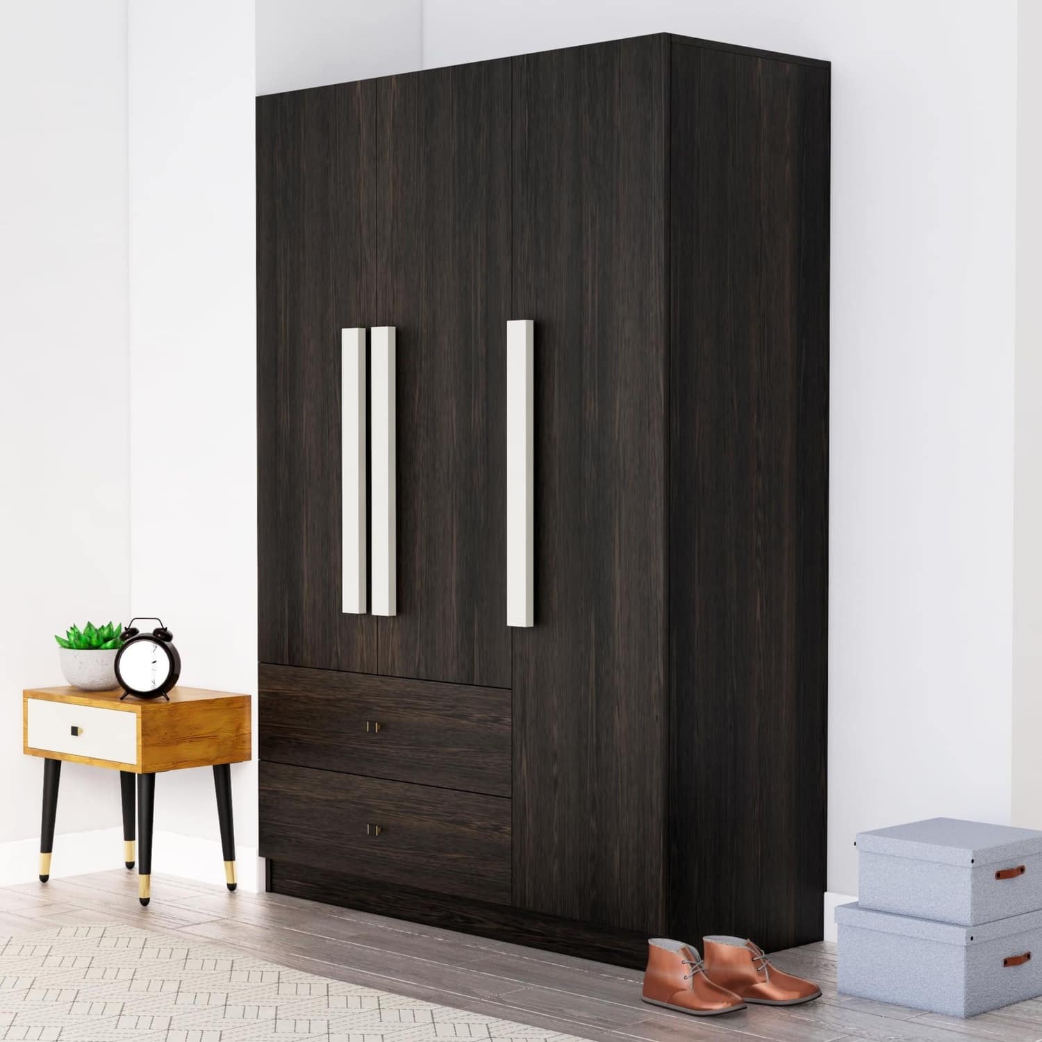 Hexa Red Wooden 3 Door Wardrobe with 2 Drawers and Hanging Space in Flower Wenge Colour - HexaRed
