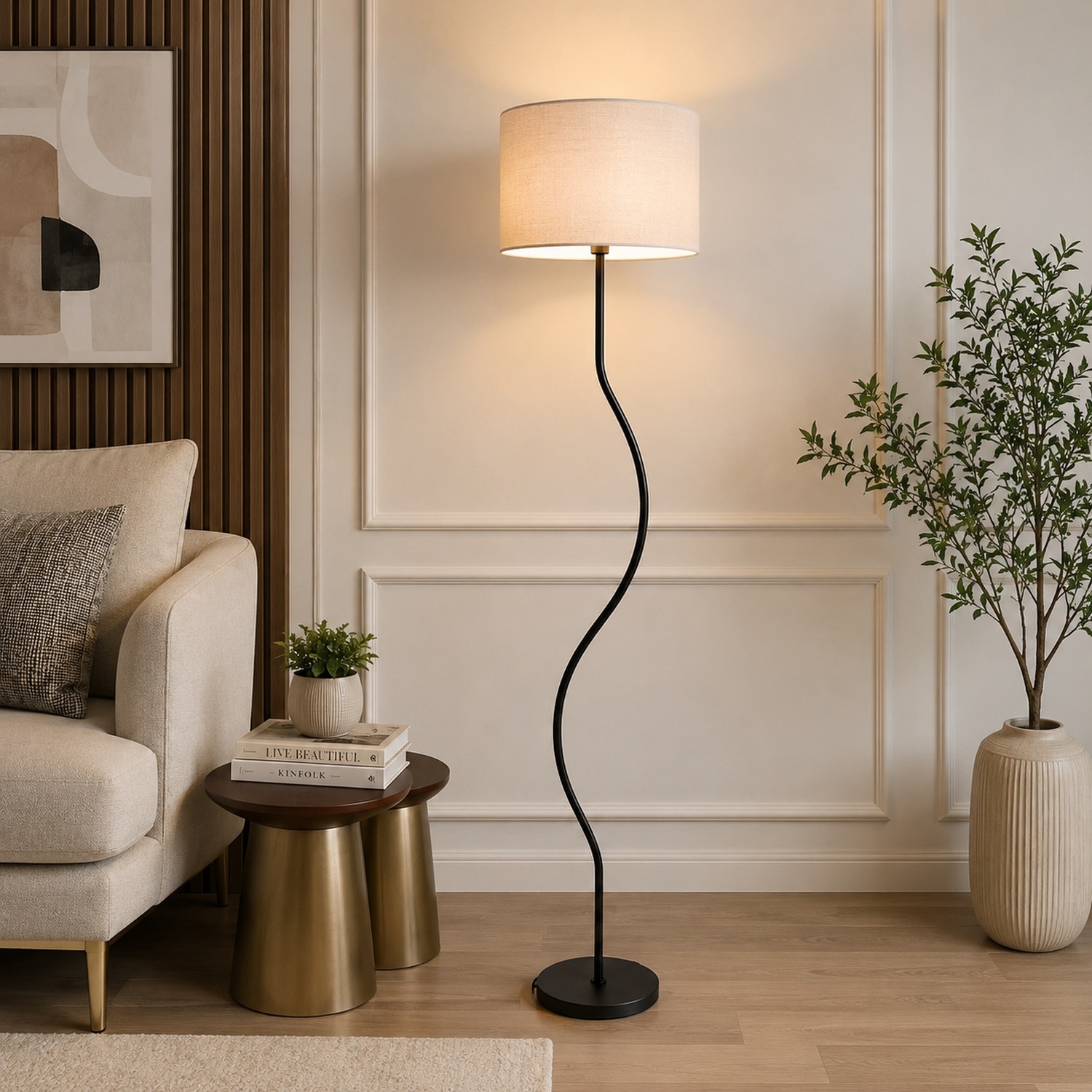Eisley White Jute Floor Lamp with Solid Wood - Pristine Interiors
