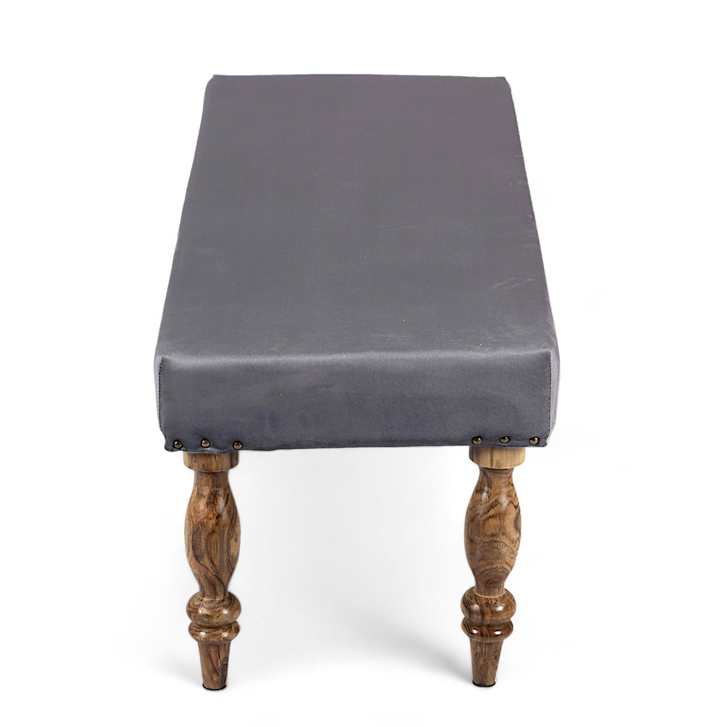 Cairo Sheesham Wood Accent 3 Seater Bench In Iron Grey Velvet