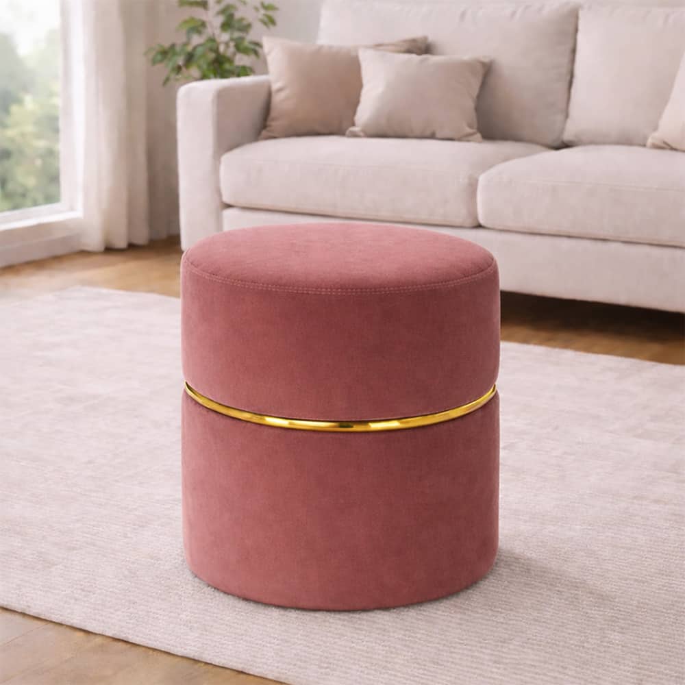 Doe Buck Gracy Velvet Round Ottoman in Pink Colour with Gold Band - Doe Buck