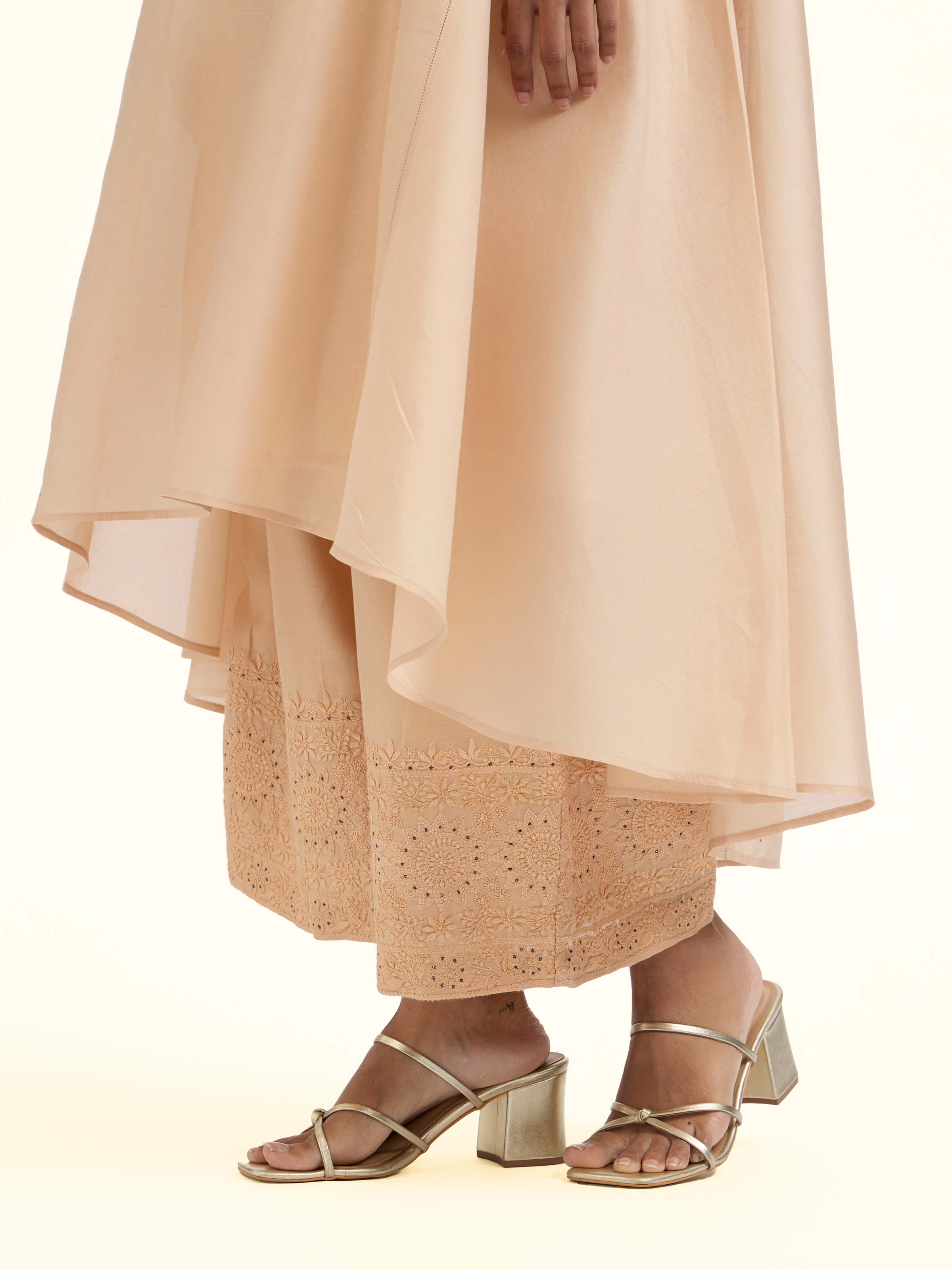 Beige Cotton Silk Chikankari Straight-Cut Palazzos