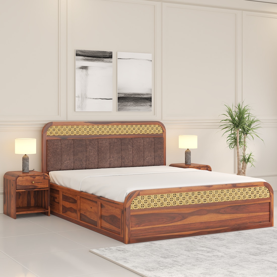 Yashvi Solid Wood Kng Size Hydrulic Storage Bed In Honey Oak Finish Brown 72x78 inch - Woodenmood