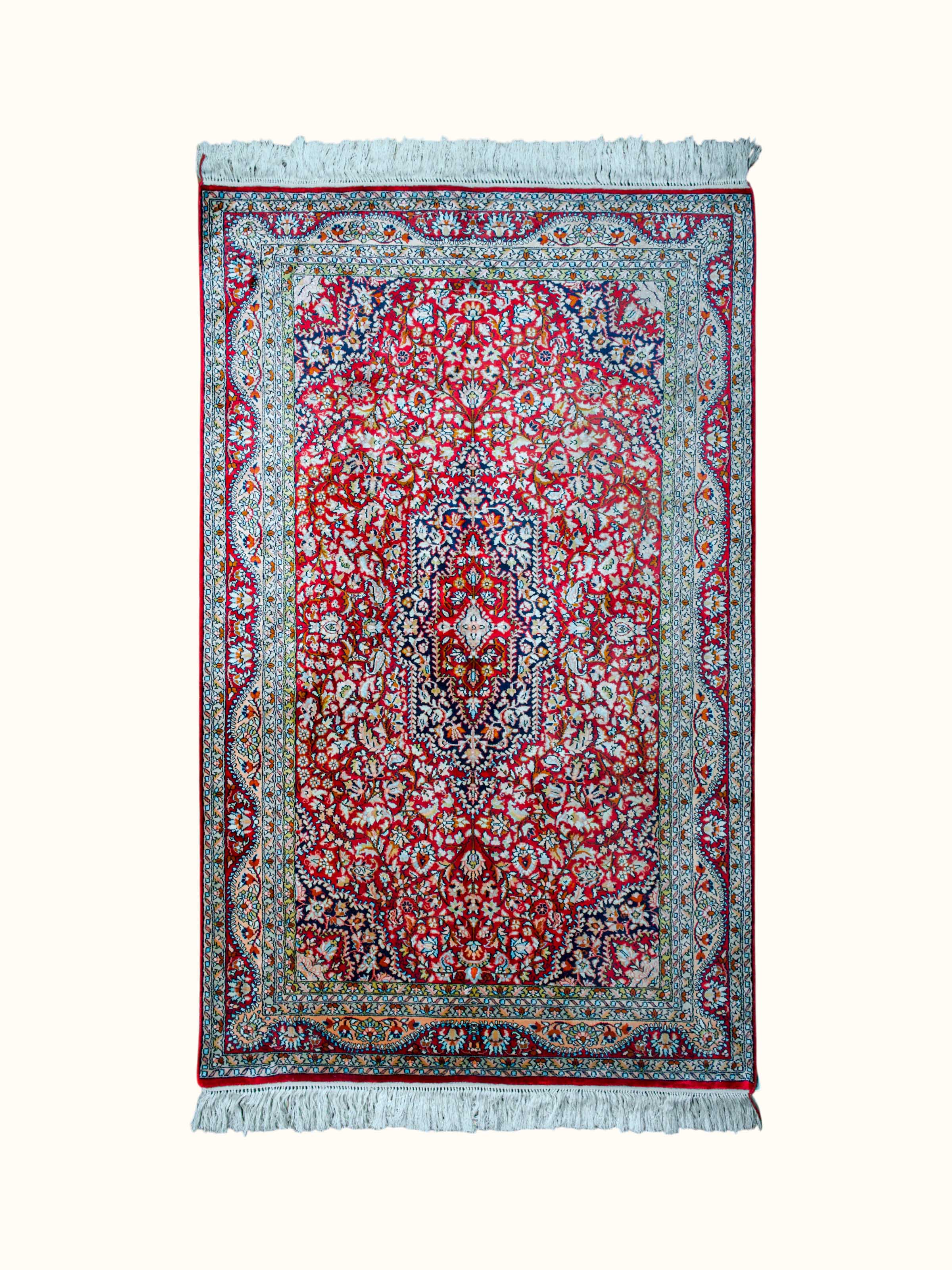 Traditional Persian Red Kashan Kashmir Silk Hand-Knotted Carpet