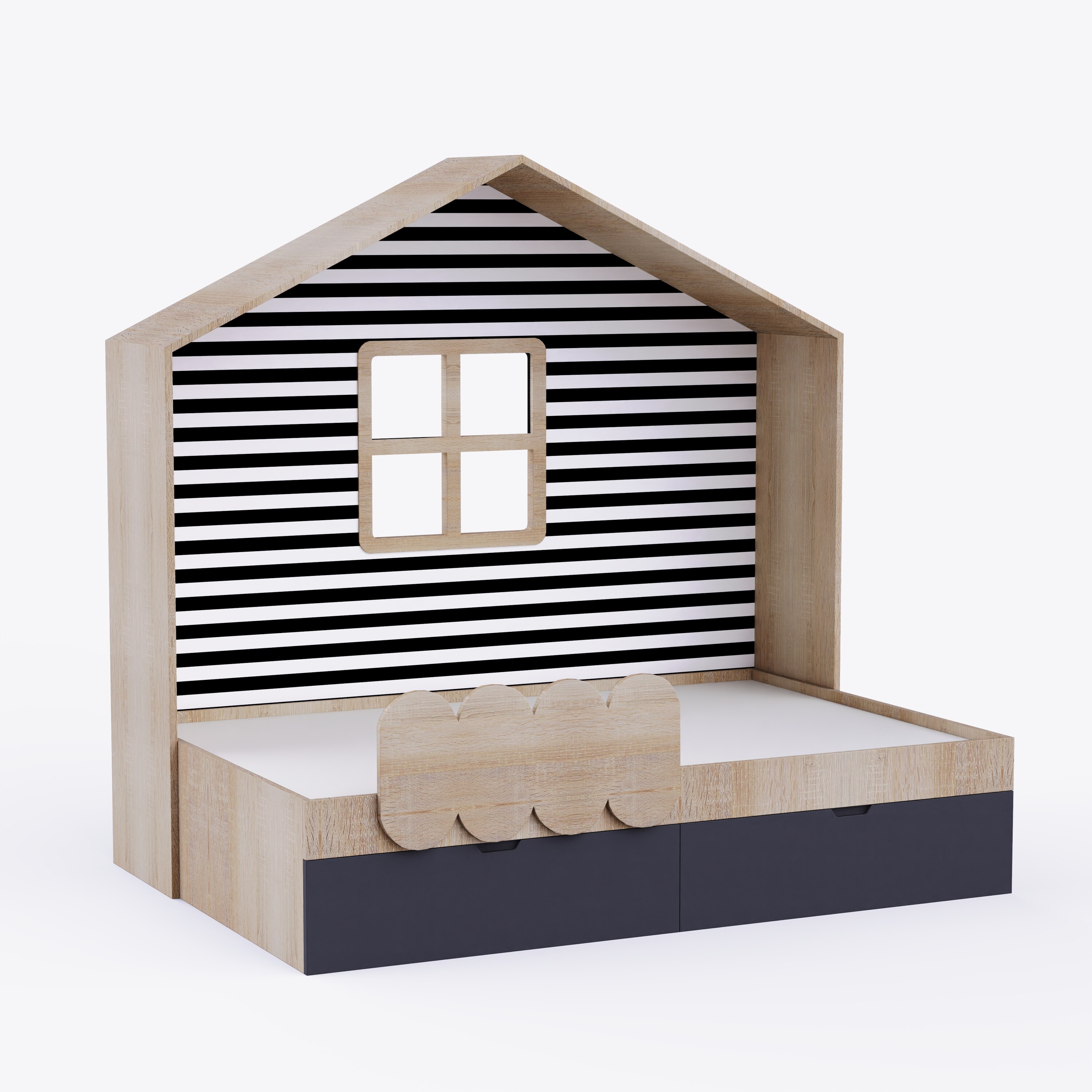 Little Hut Bed 6X4 Drawers On Wheels In Oak and Black Colour62