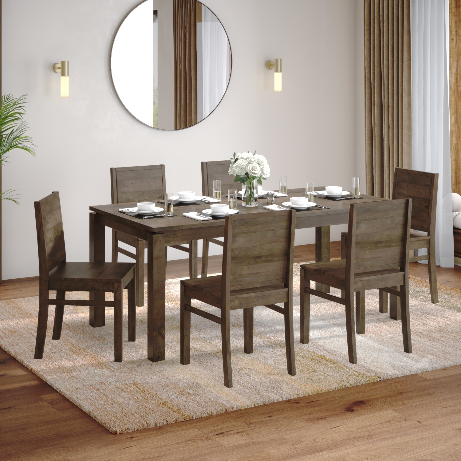 Atlas Solid Wood 6 Seater Dining Table With 6  Atlas Wooden Seat Dining Chairs (Finish : Danish Walnut, Chair Colour : Walnut)