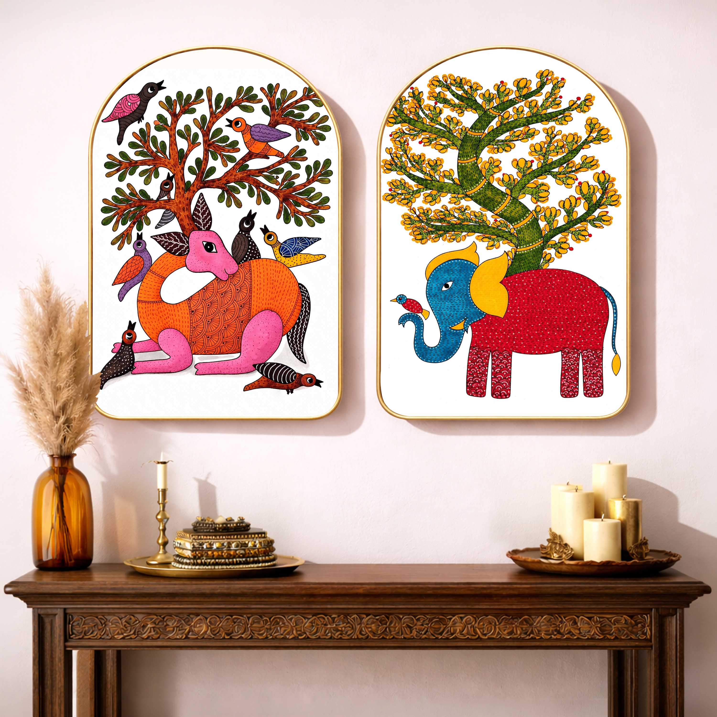 Gond Tree of Life Wall Art Painting Set of 2 with Gold Frame 16 x 24 Inch - Art Street