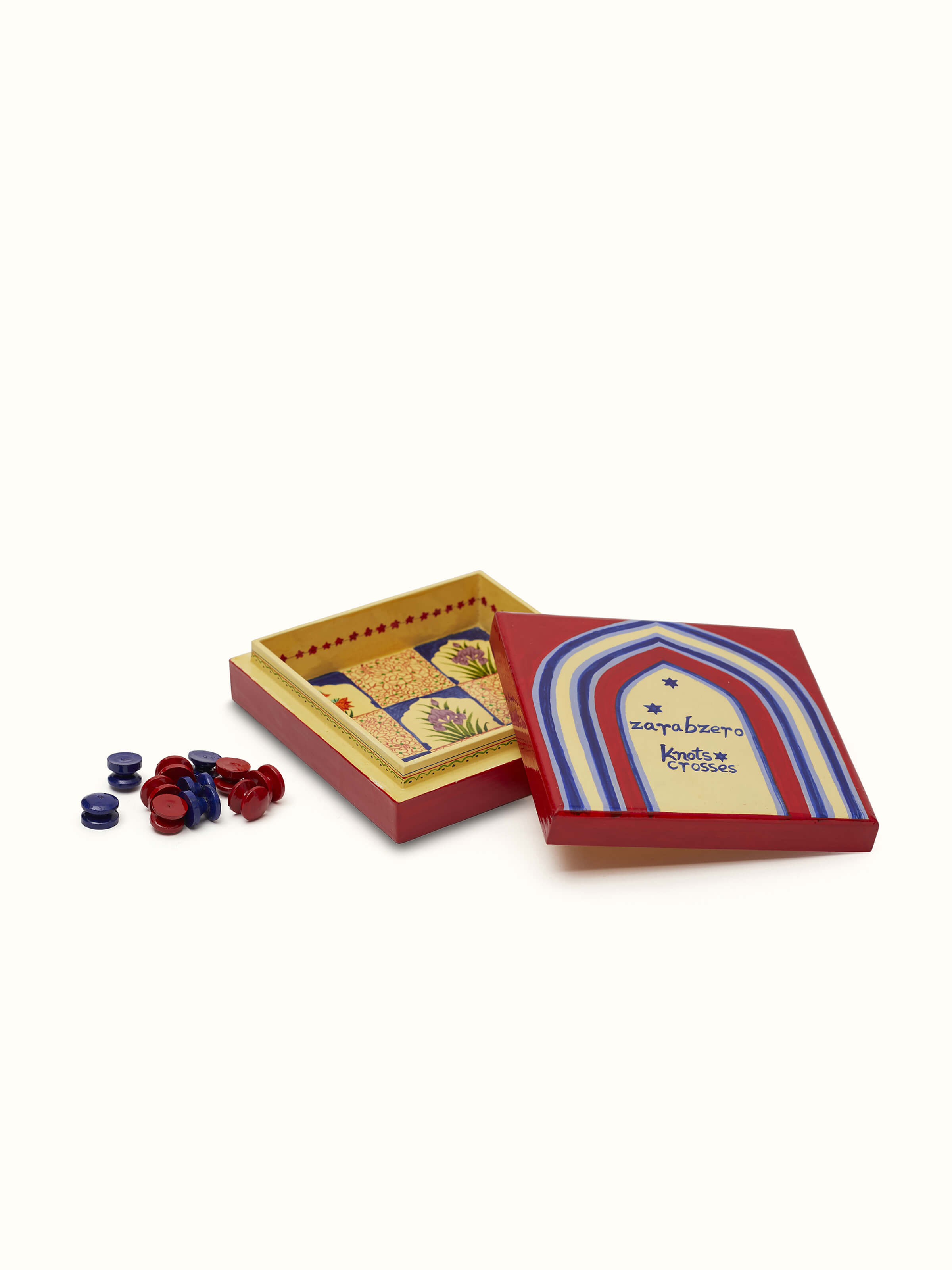 Overhead view of Papier Mache Zarabzero Knots & Crosses Board Game by Swadesh displaying its intricate board design and color details.