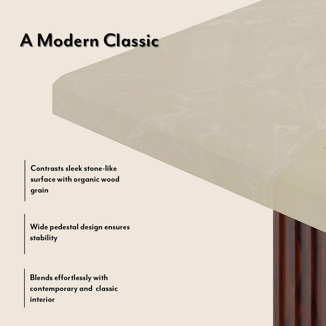 Gabriele Onyx Composite Solid Teak Wood 6 Seater Pedestal Dining Table In Clear Teak Finish