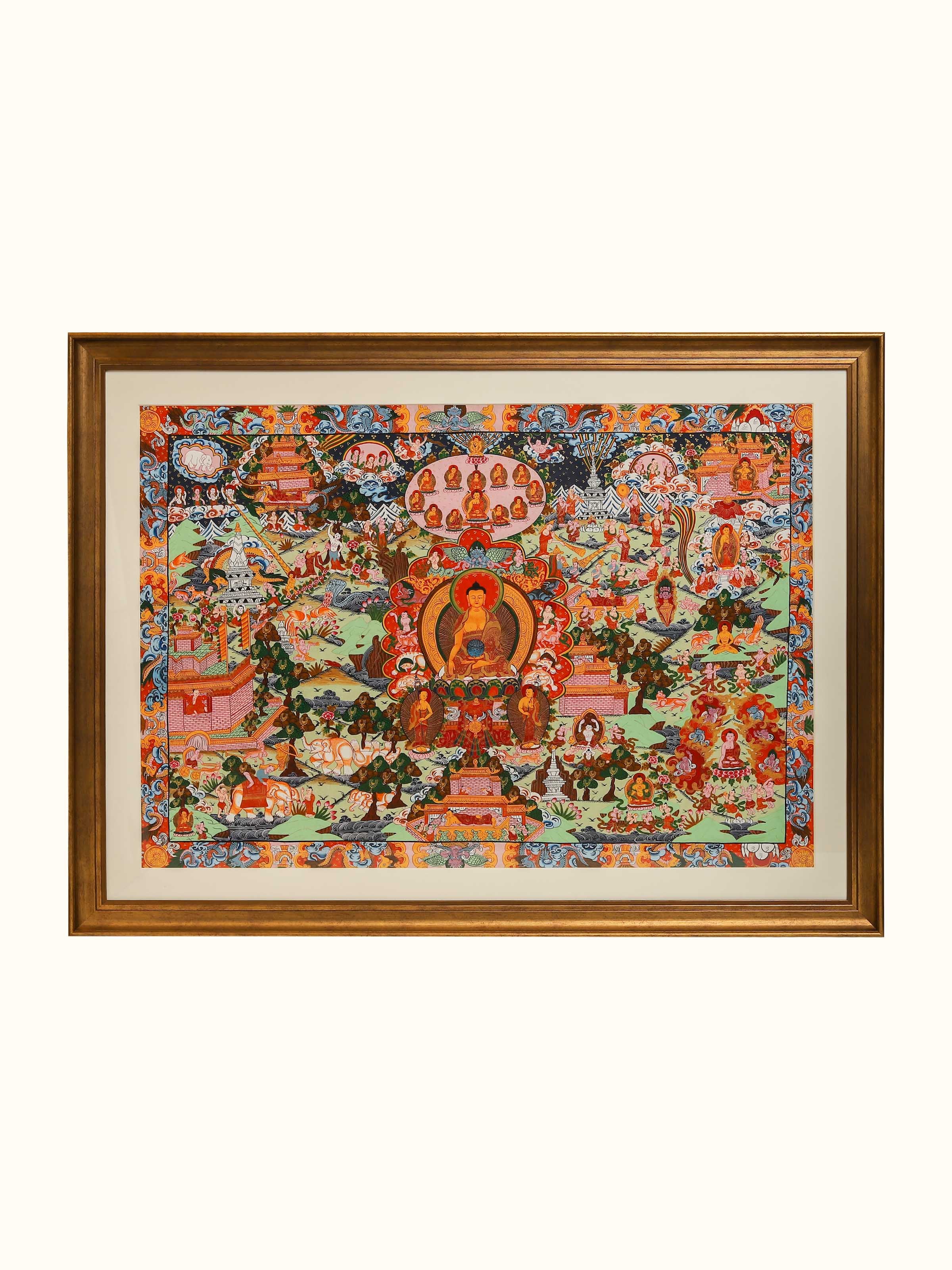 Front view of the Life of Buddha Thangka Painting