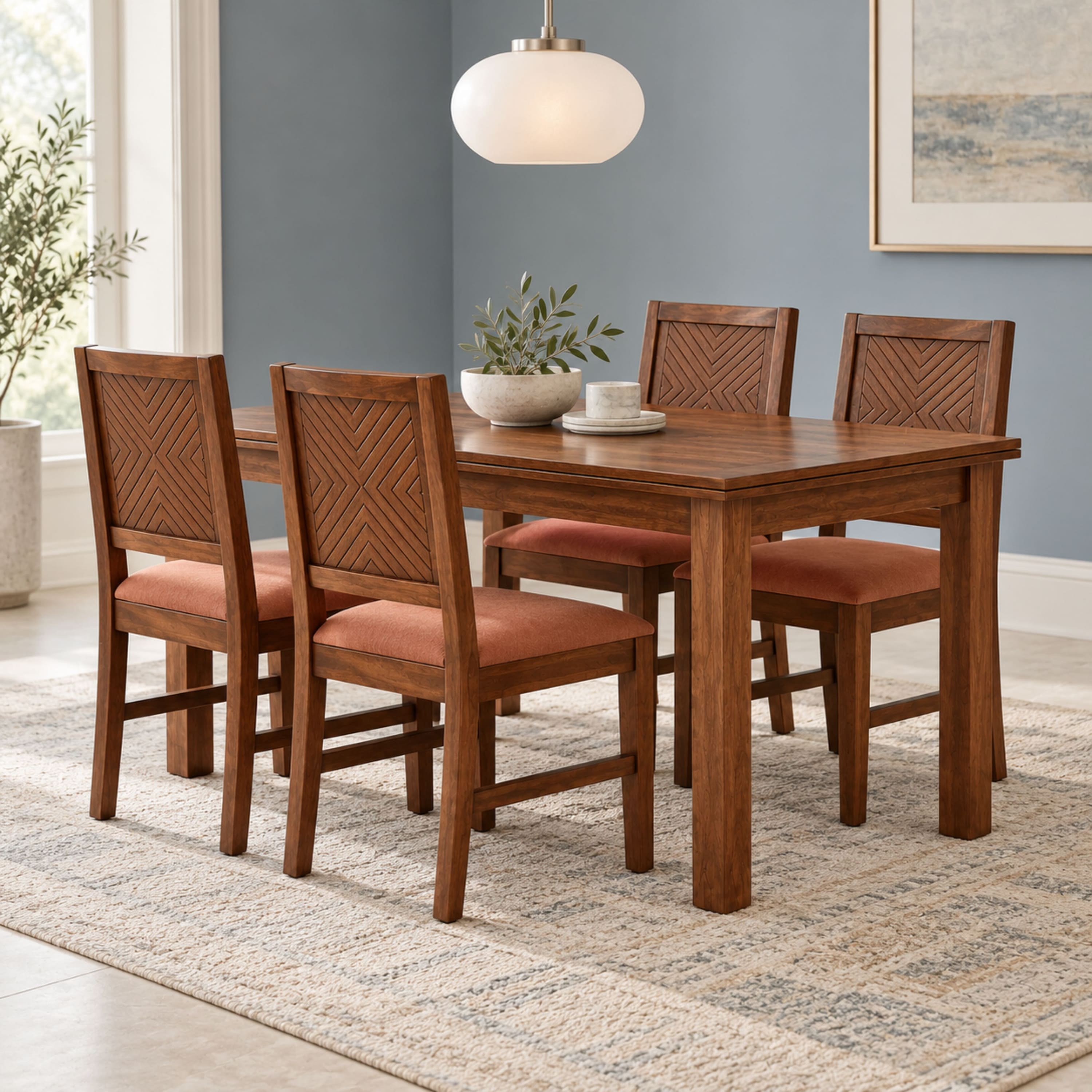 Globally Indian Trikona Solid Sheesham Wood 4 Seater Dining Table Set 4 Chairs Terracotta Orange