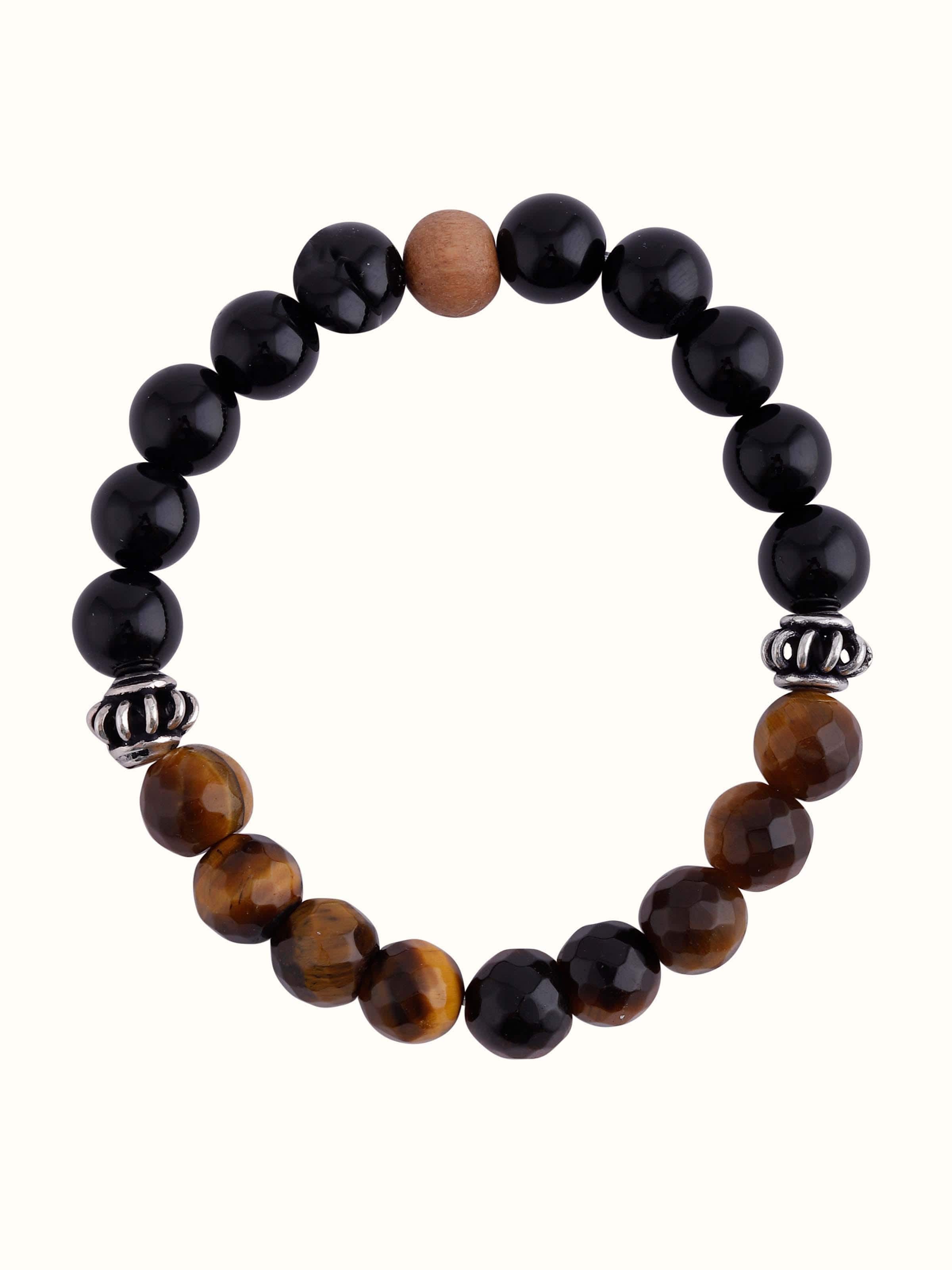 Front view of Tiger Eye, Black Onyx & White Moonstone Bracelet highlighting earthy and mystic gemstone blend