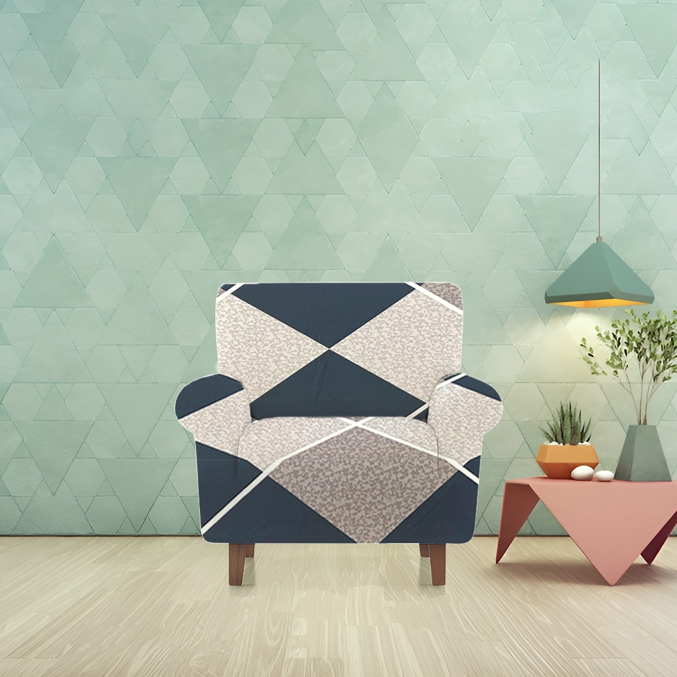 1 Seater Navy Cubes Sofa Cover - SCM