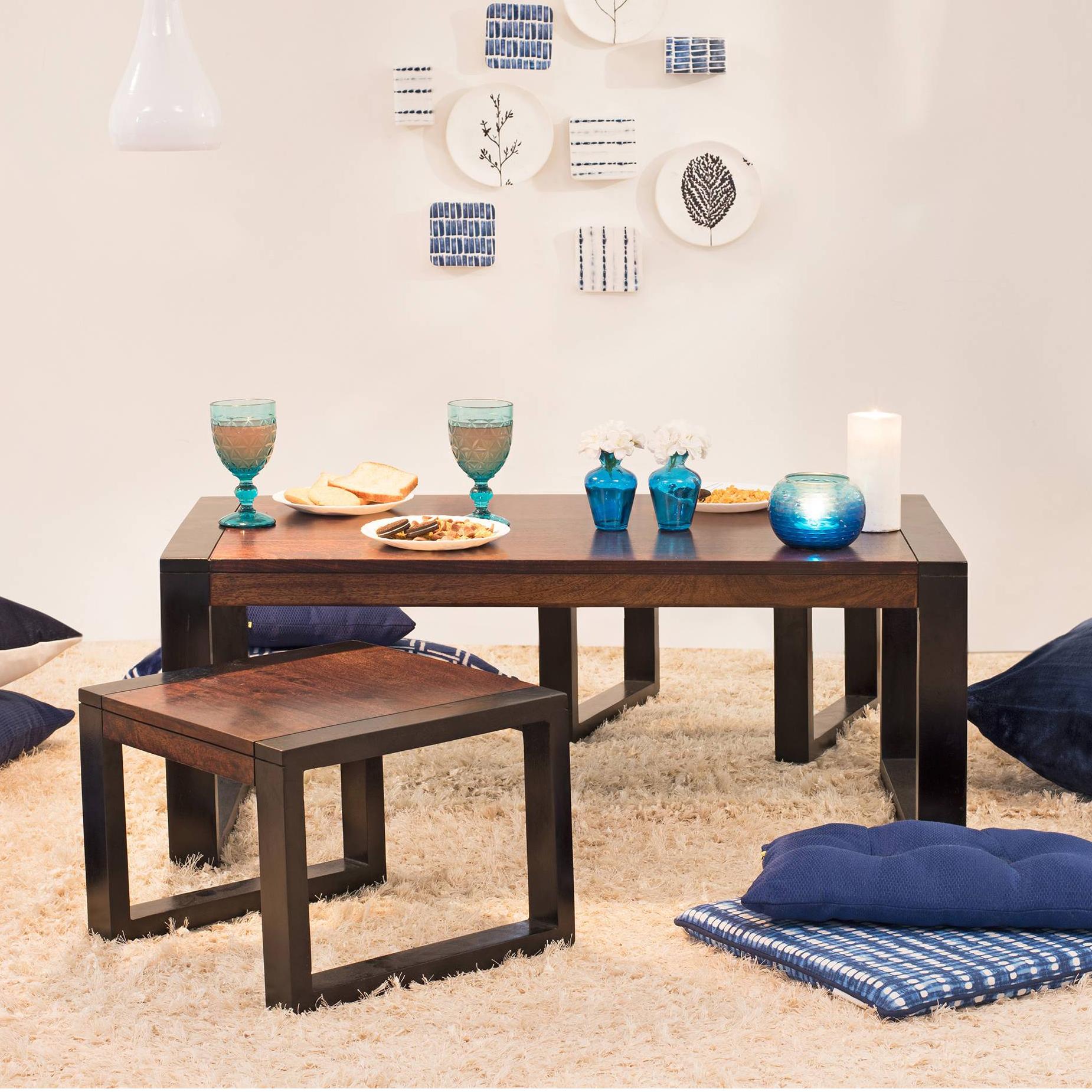 Altura Rectangular Solid Wood Coffee Table With Nested Stools In Two Tone Finish