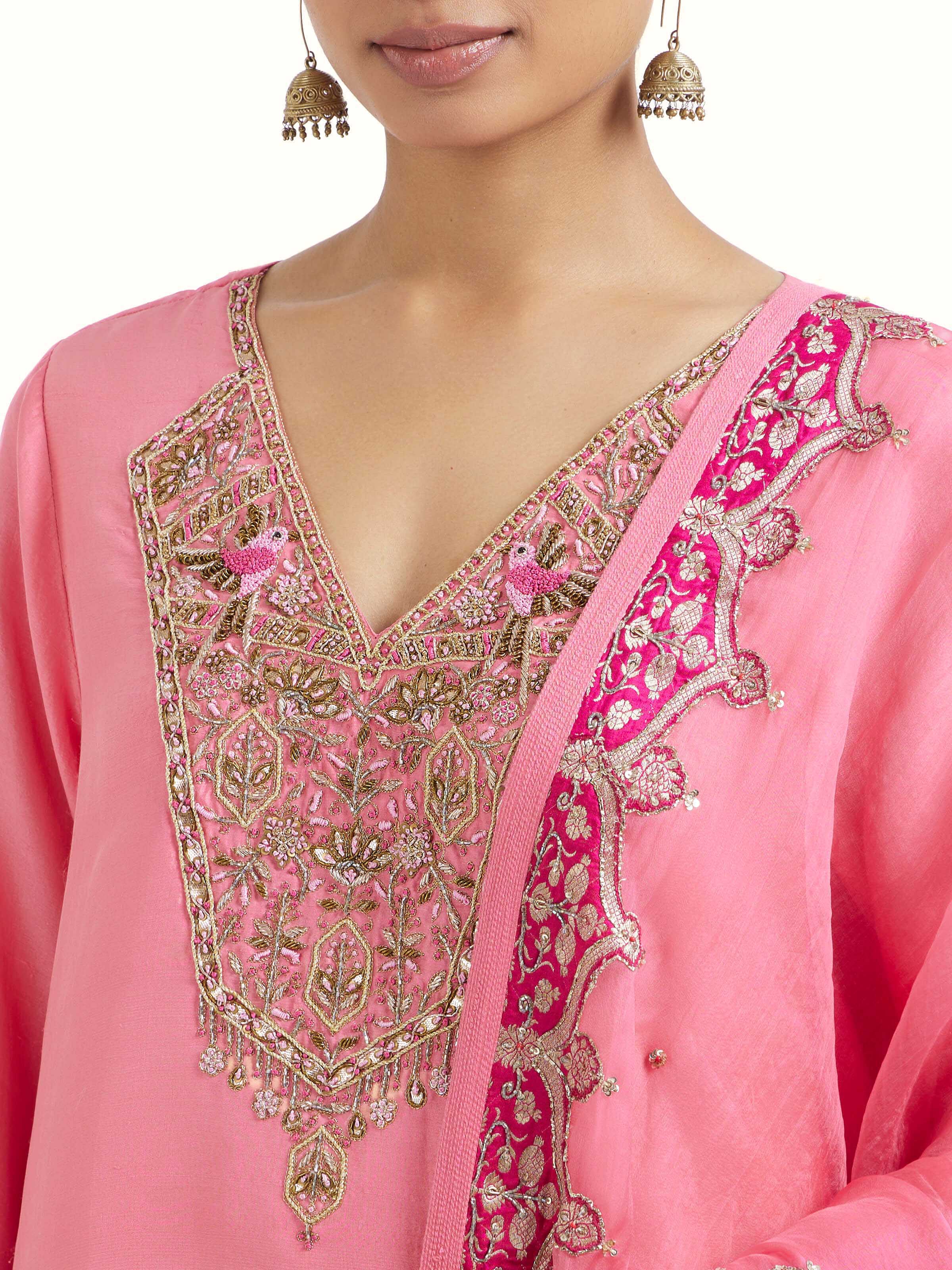 Pink Zardozi Silk Kurta Set (3 Pcs)