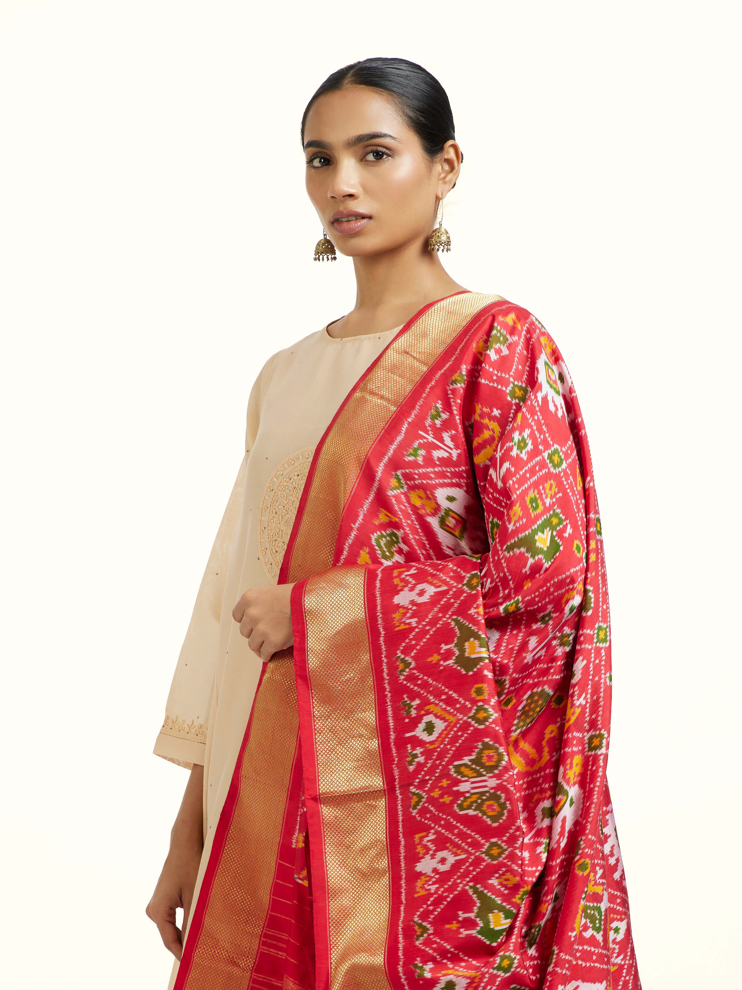 Red Silk Pochampally Weft Ikat Dupatta