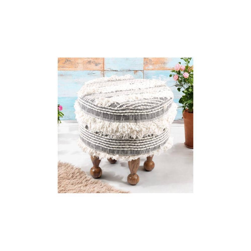 Louisville Acacia Wood Mid Century Round Pouf Stool in Grey Fabric