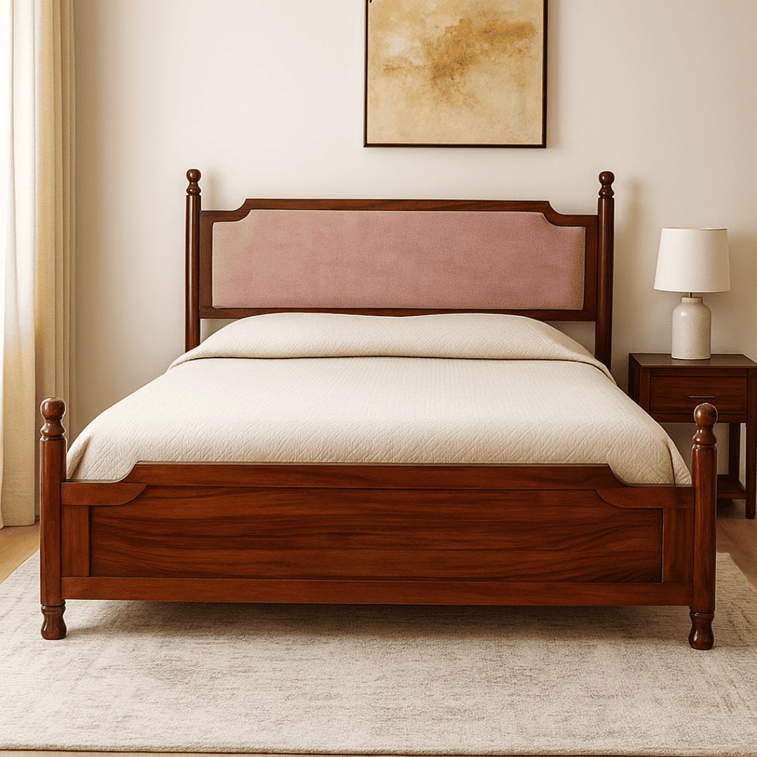 Camille Solid Wood Box Storage Queen Bed in Provincial Teak Finish with Pink Colour