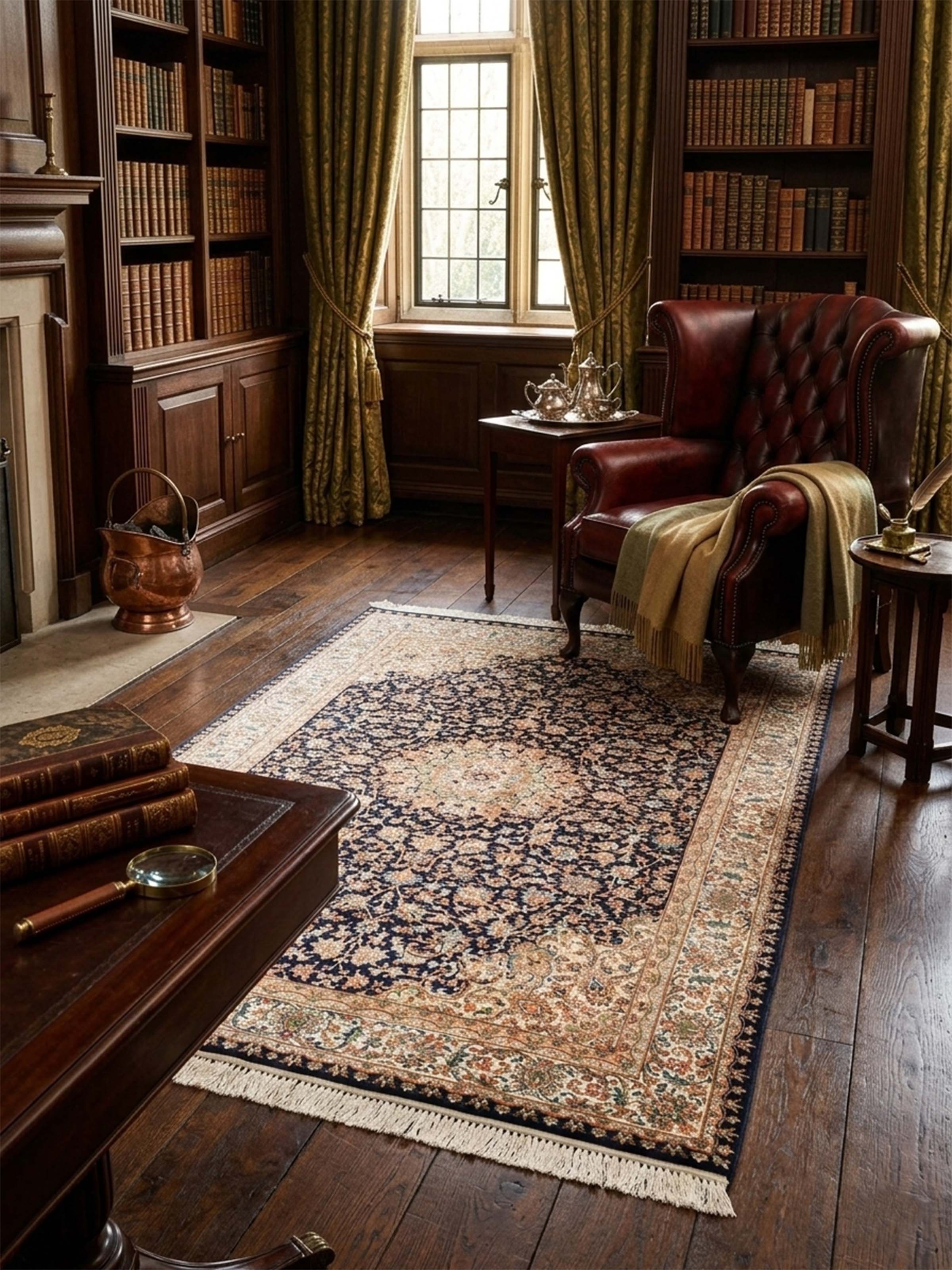 Traditional Persian Navy Ivory Kashan Kashmir Silk Hand-Knotted Carpet