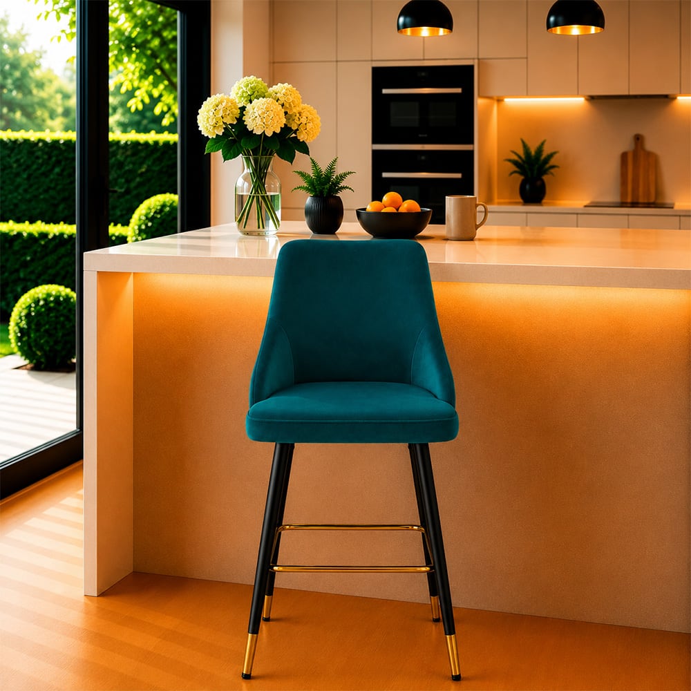 Doe Buck Upholstered Counter Height Bar Stool in Teal Colour with Gold Accents - Doe Buck