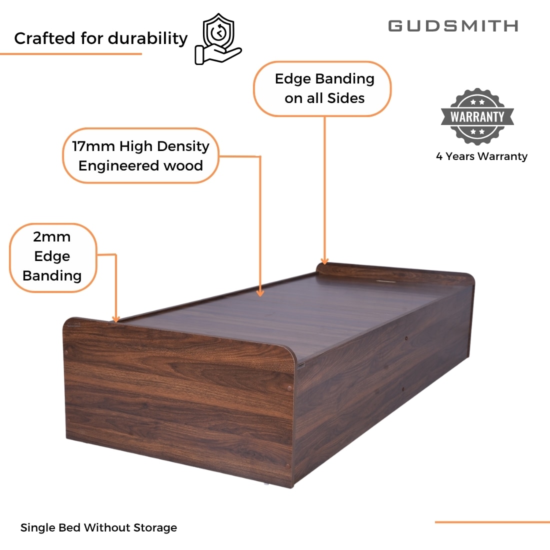 Maverick Engineered Wood Single Size Bed Without Head Board in Columbian Walnut Finish