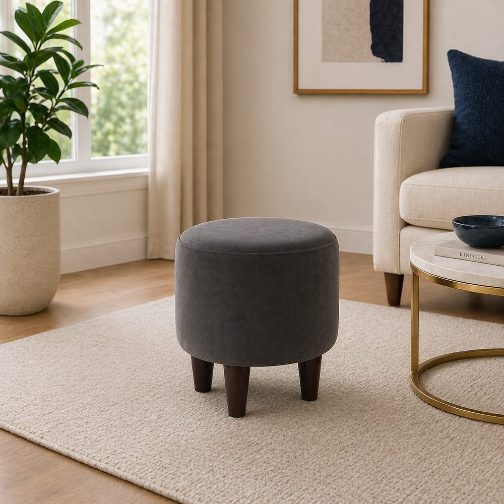 Doe Buck Velvet Round Ottoman Stool in Grey Colour with Wooden Legs - Doe Buck