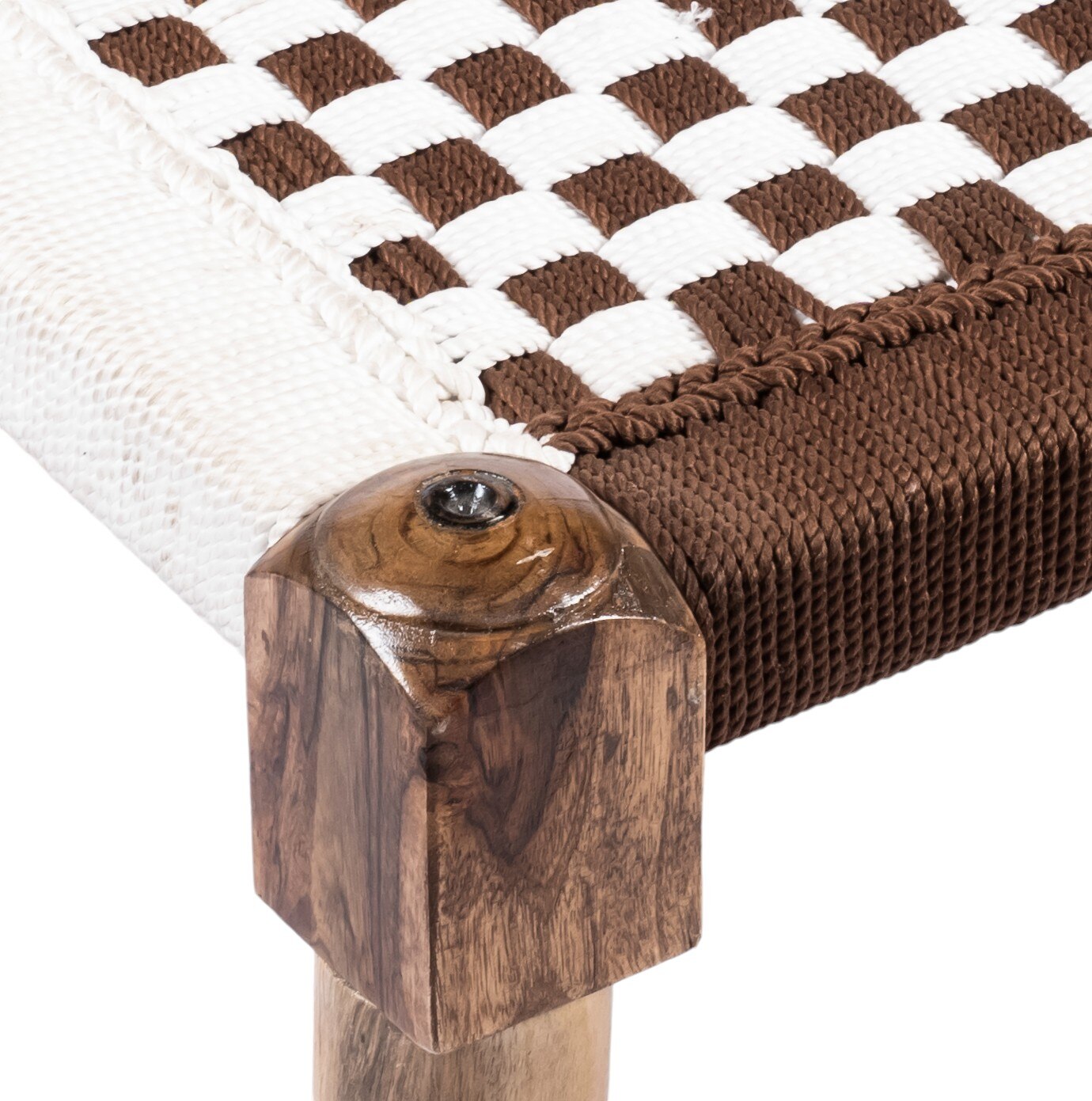 Riaza Solid Wood Maachi Foot Stool in Brown & White Check Canning
