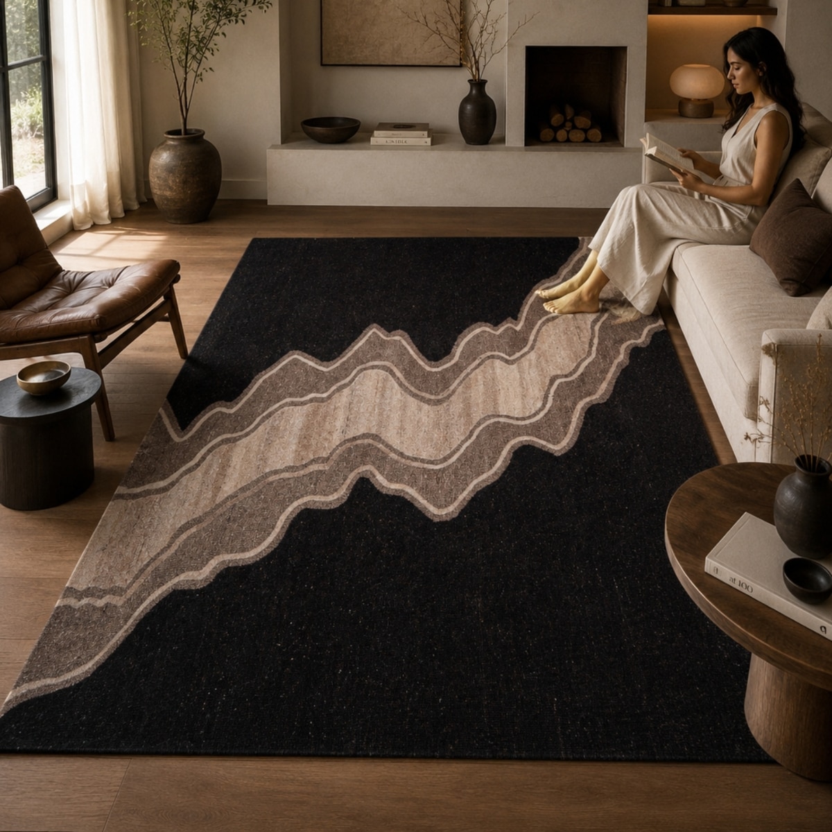 Handmade Natural Wool Area Rug Abstract Canyon Black 5 x 7 Feet Carpet - NEU LOOMS