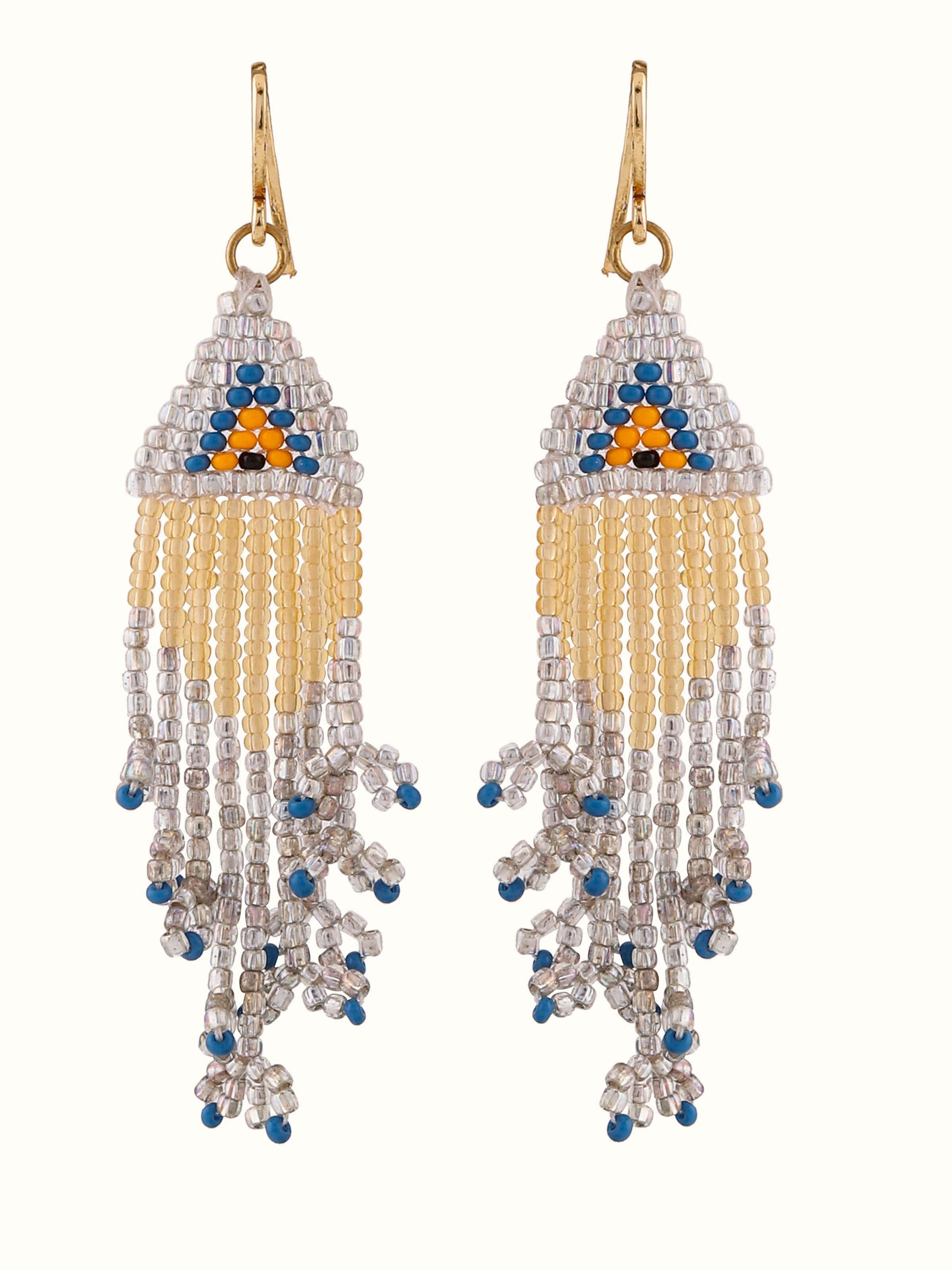 Front view of Glass Bead Drop Earrings featuring colorful glass beads and elegant design by Swadesh