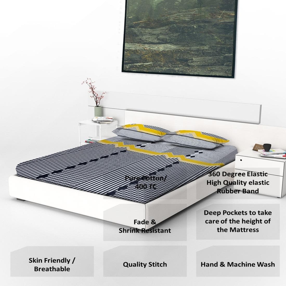 High Quality Cotton Double bed Fitted Bedsheets 275cmsx 235 cms ( Pillows 46 x 49 cms)