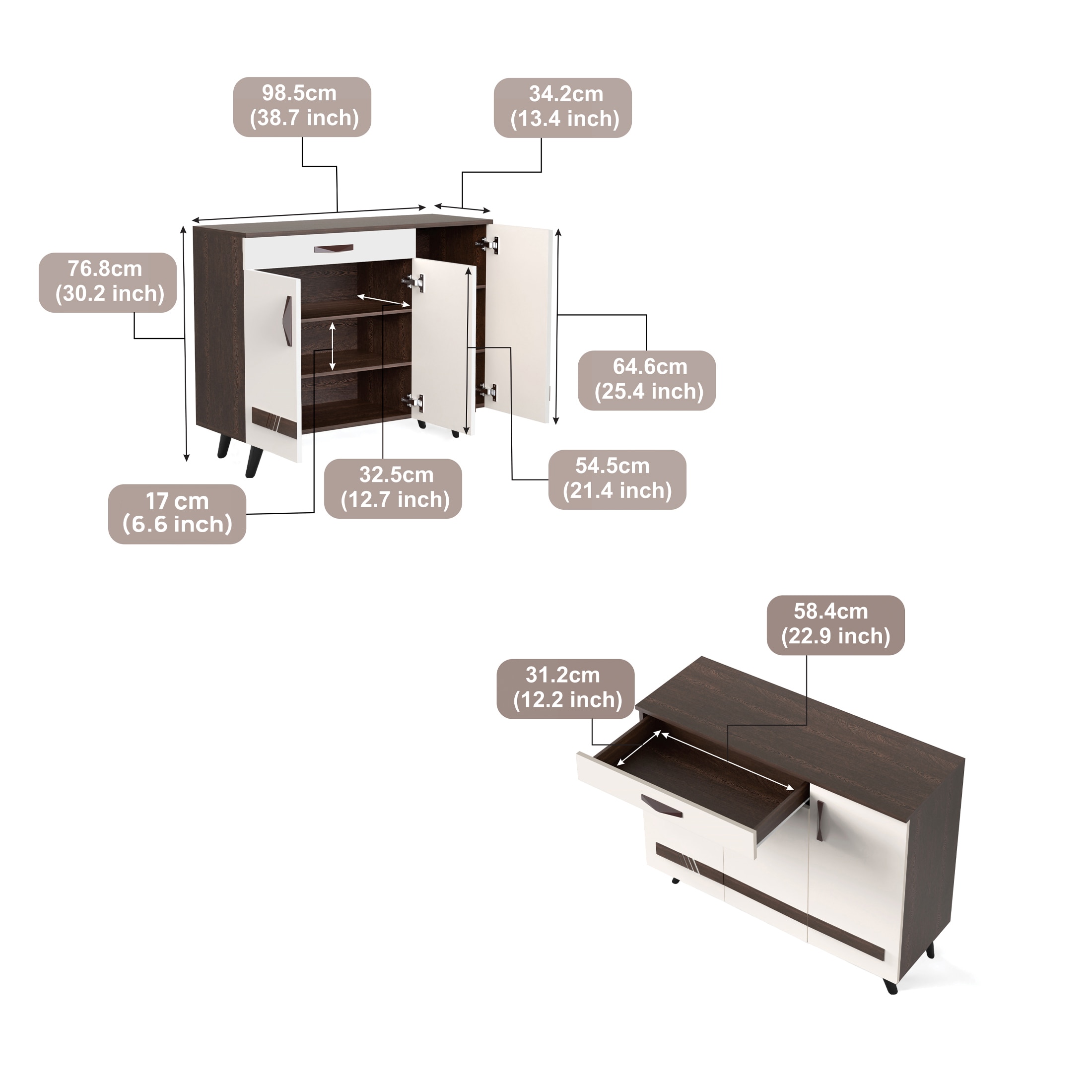 BLUEWUD Kaspen Engineered Wood Wood Dual Tone 3 Doors Shoe Rack Cabinet Slipper Footwear Stand Organizer with Drawer can Store Up to 16 Pairs for Home (Wenge & White)