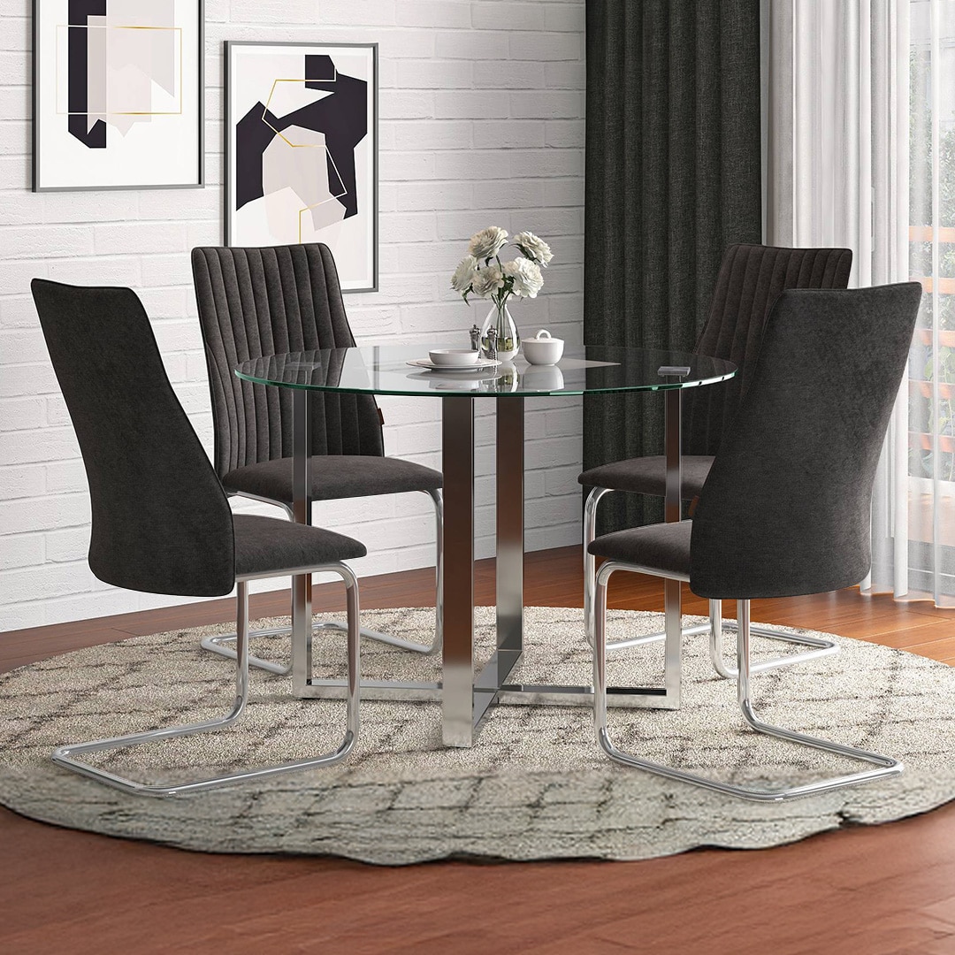 Sanchez 4 Seater Round Table With Set Of 4 Ingrid Dining (Finish- Grey)
