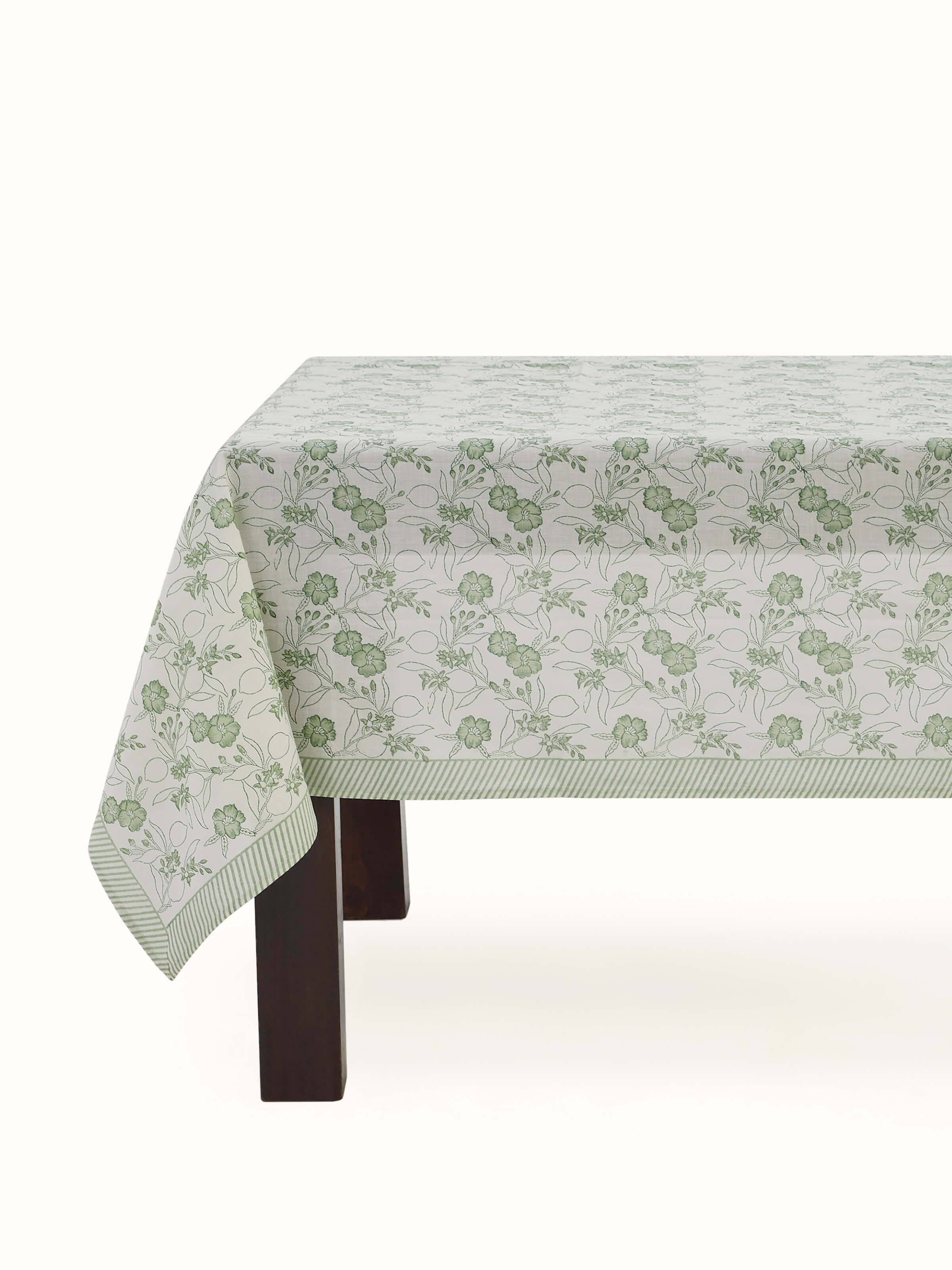 Front angled view showing the delicate green floral Sanganeri hand block print on cotton linen fabric