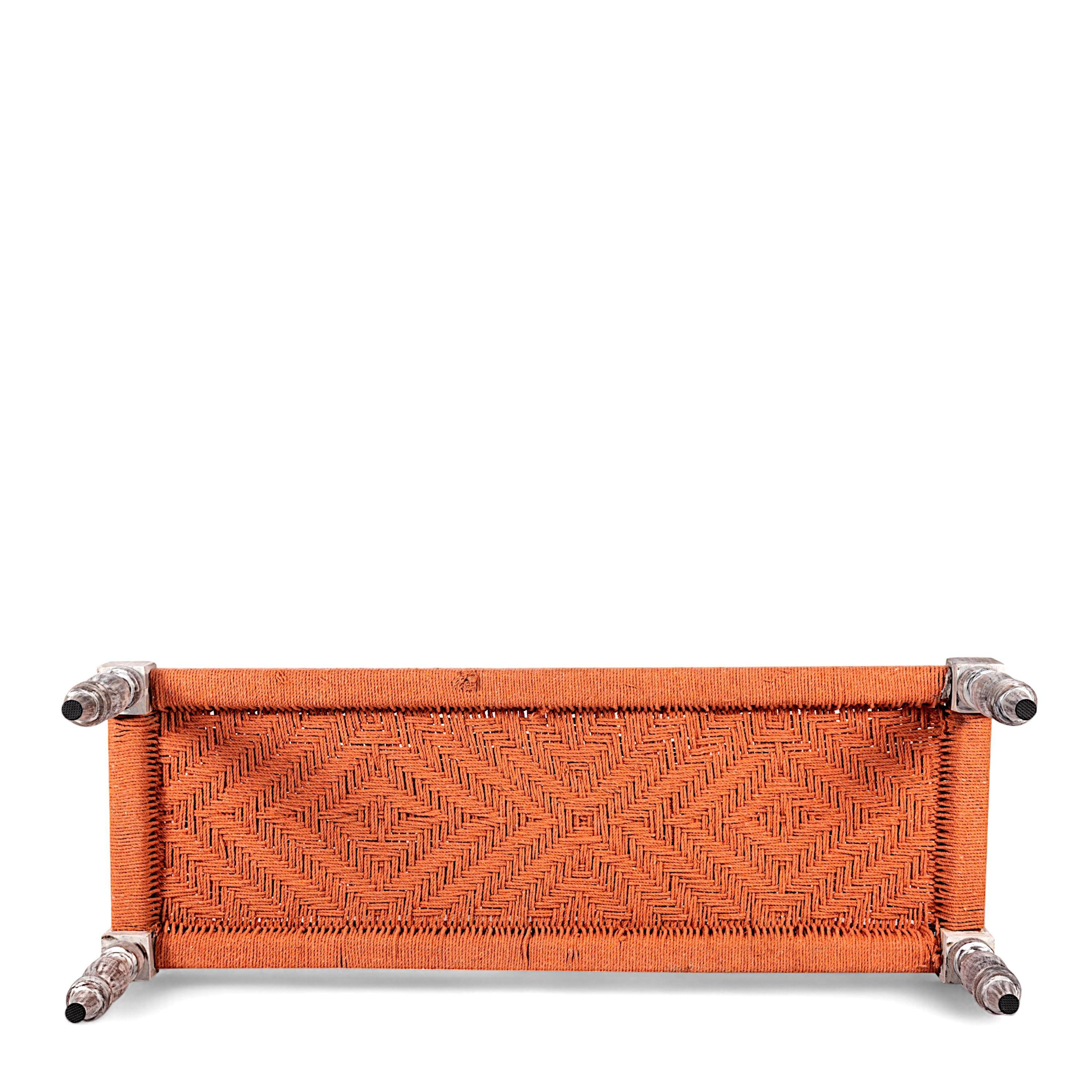 Hamilton Sheesham Wood Vintage 3+1+1 Seater Maachi Bench Set With 2 Stools In Orange Rope Canning