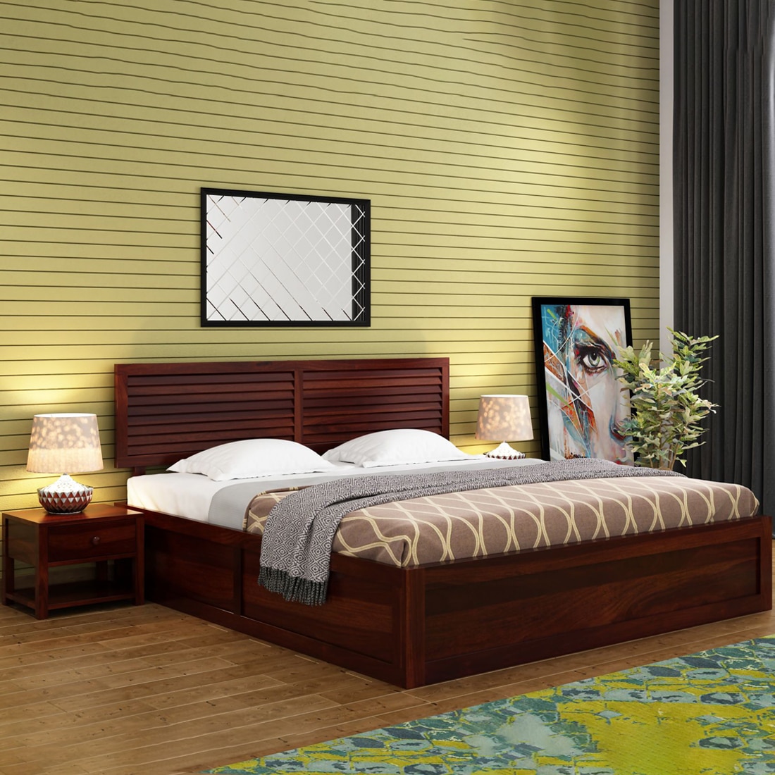 Hearti Solid Wood Queen Size Bed Without Storage (Walnut Finish)
