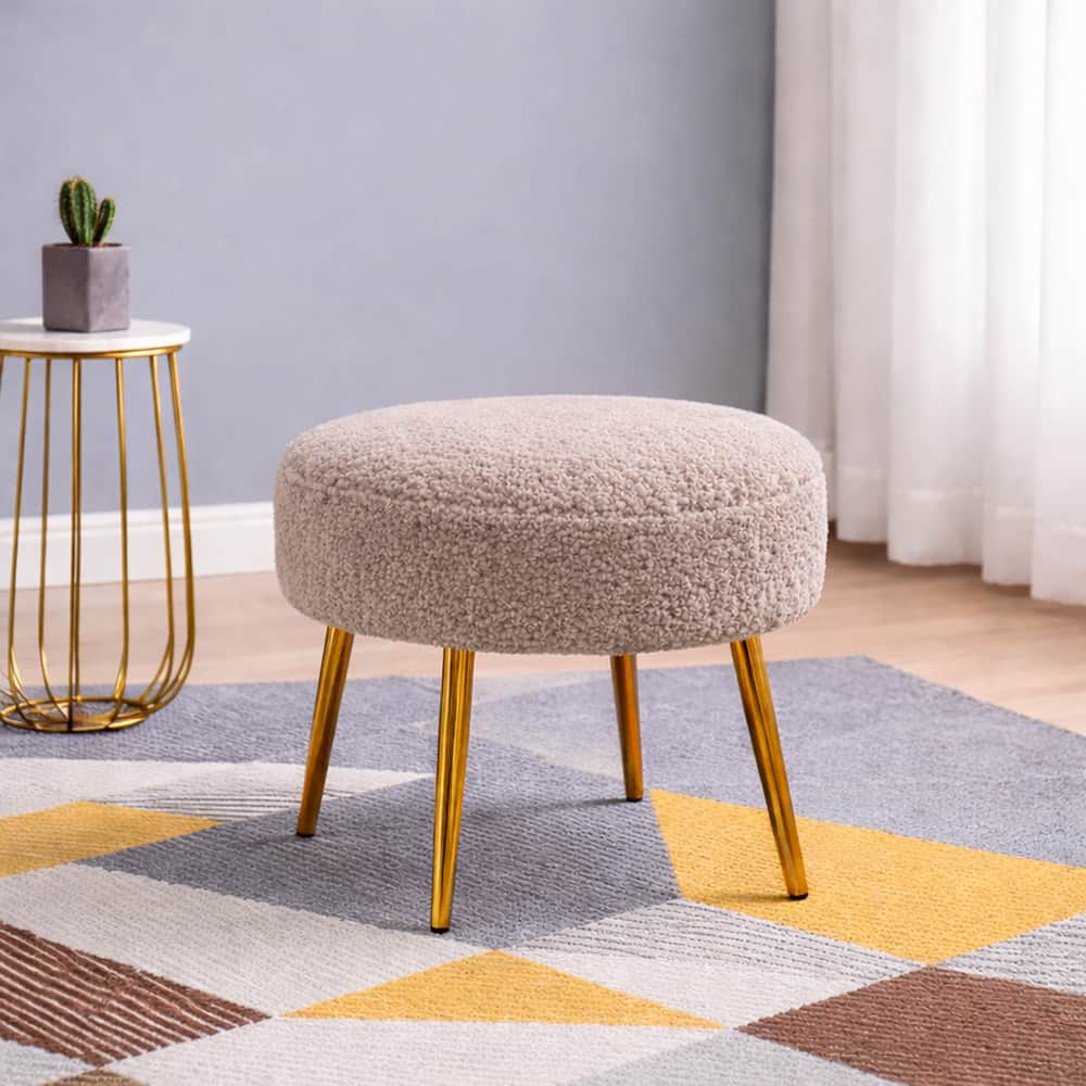 Doe Buck Luna Boucle Round Ottoman Stool in Light Brown Colour with Gold Metal Legs - Doe Buck