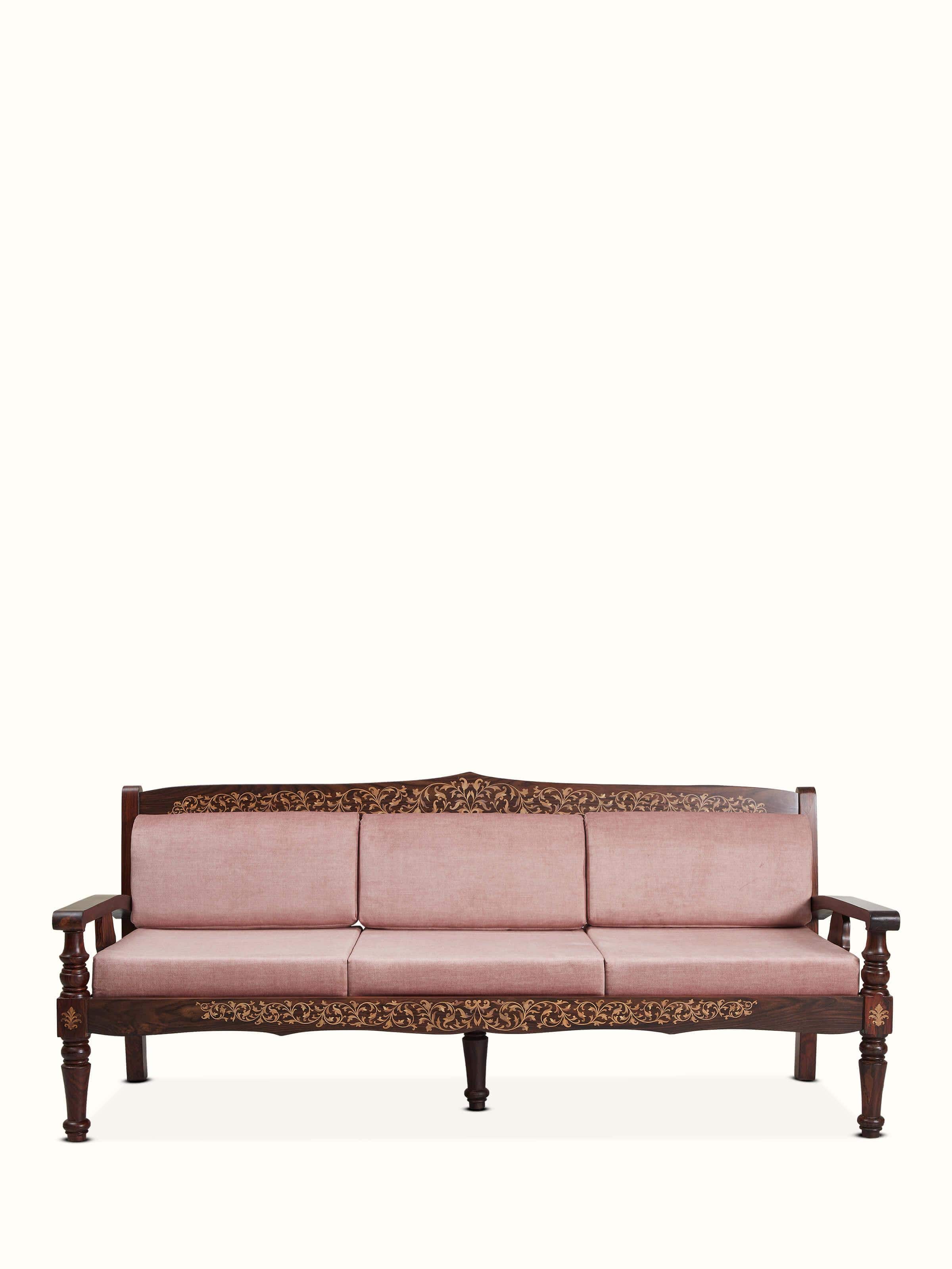 Front view of upholstered Mysore Rosewood inlaid 3-seater sofa, showcasing its intricate inlay work and elegant design.