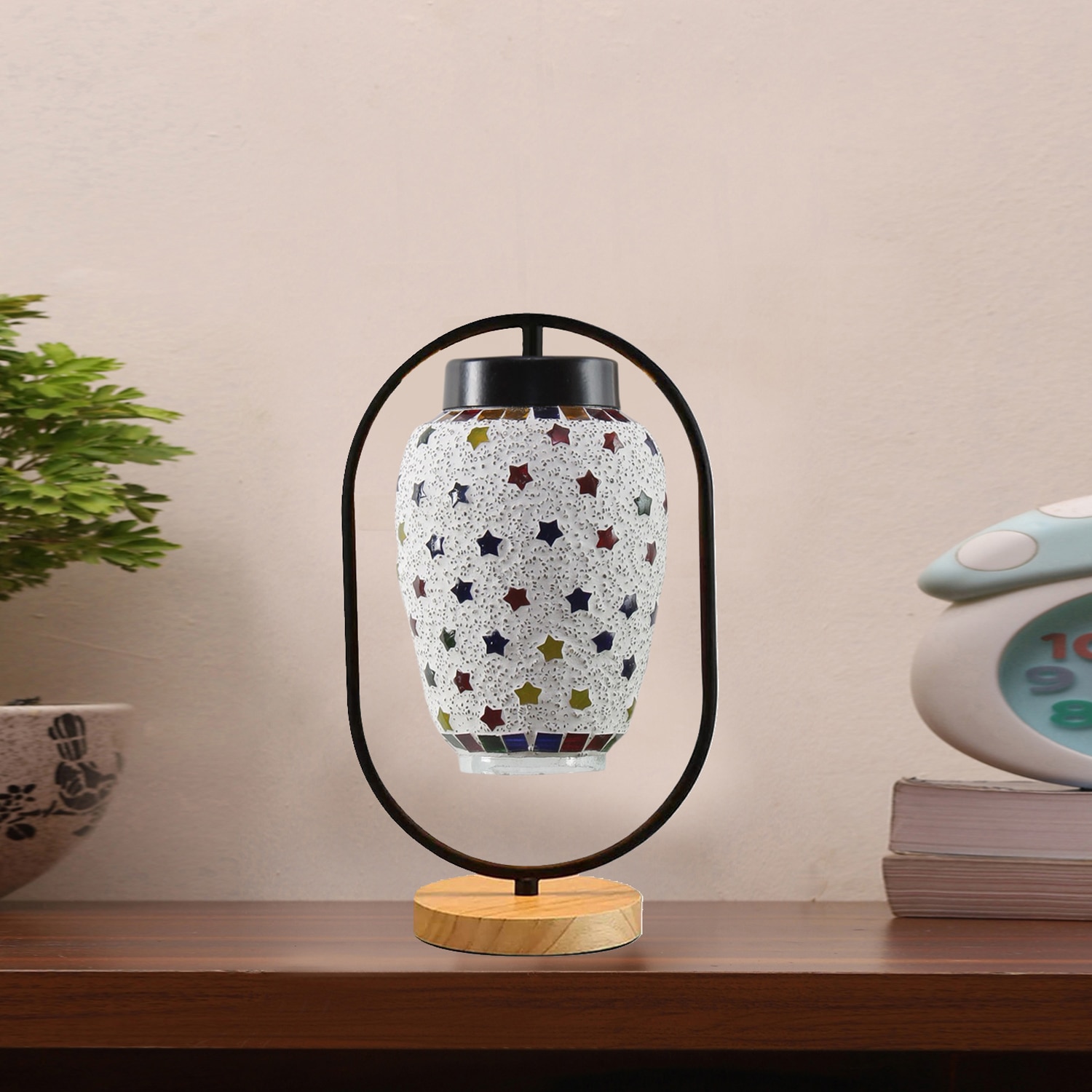 Devansh Multicolor Glass Wooden & Iron  Table Lamp -17 Inch Height  -Y