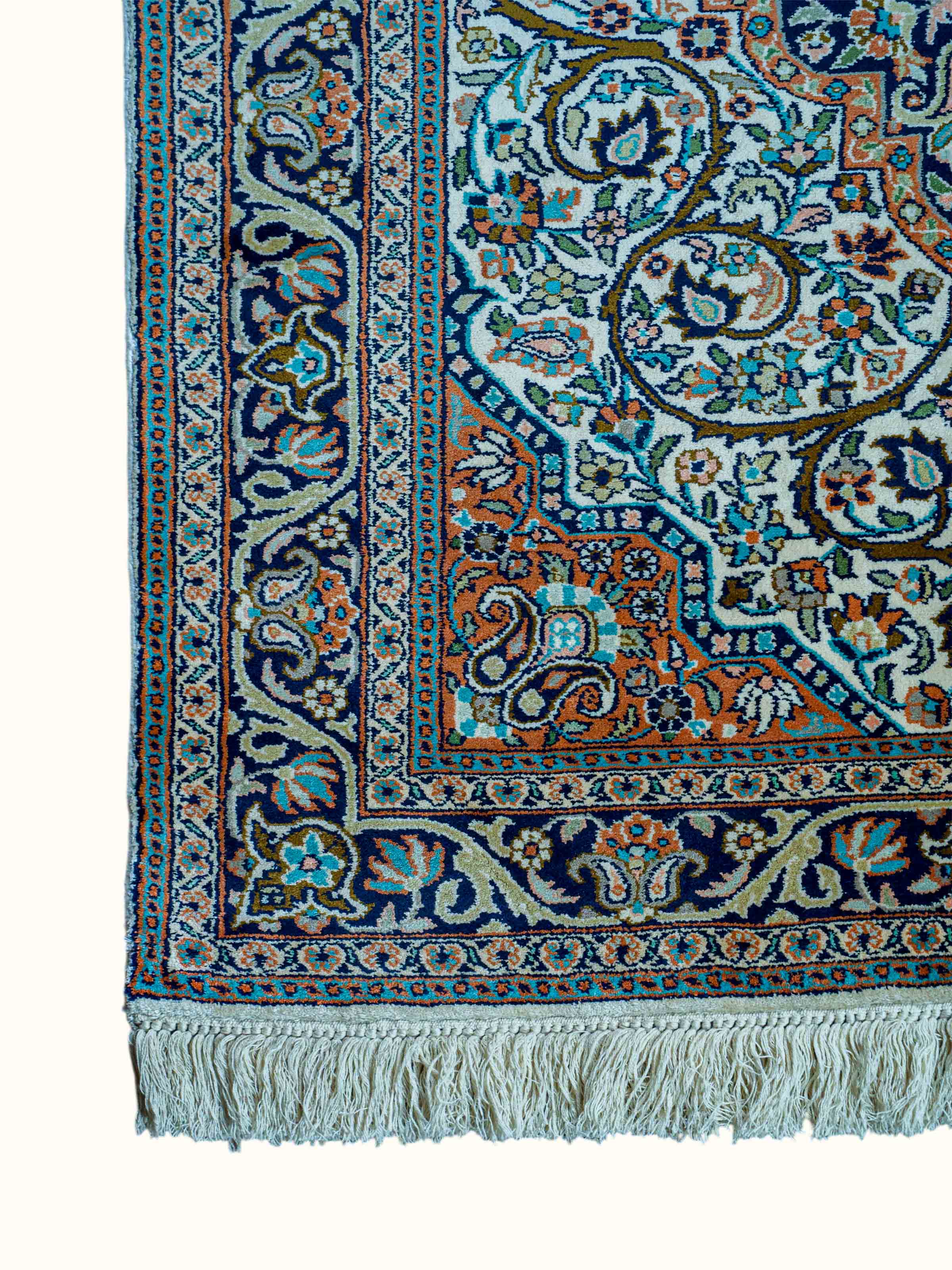 Traditional Persian Ivory Rust Tabriz Kashmir Silk Hand-Knotted Carpet