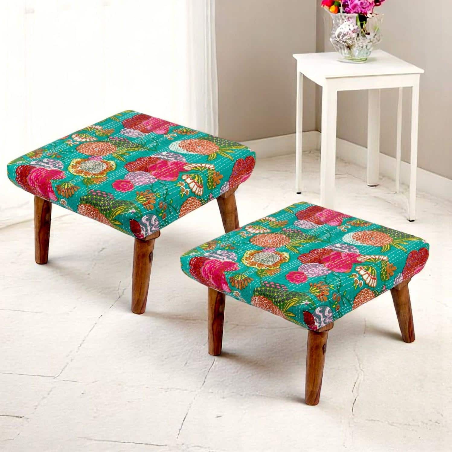 Queens Solid Wood Pouf Stool in Sea Green Fruit Print fabric