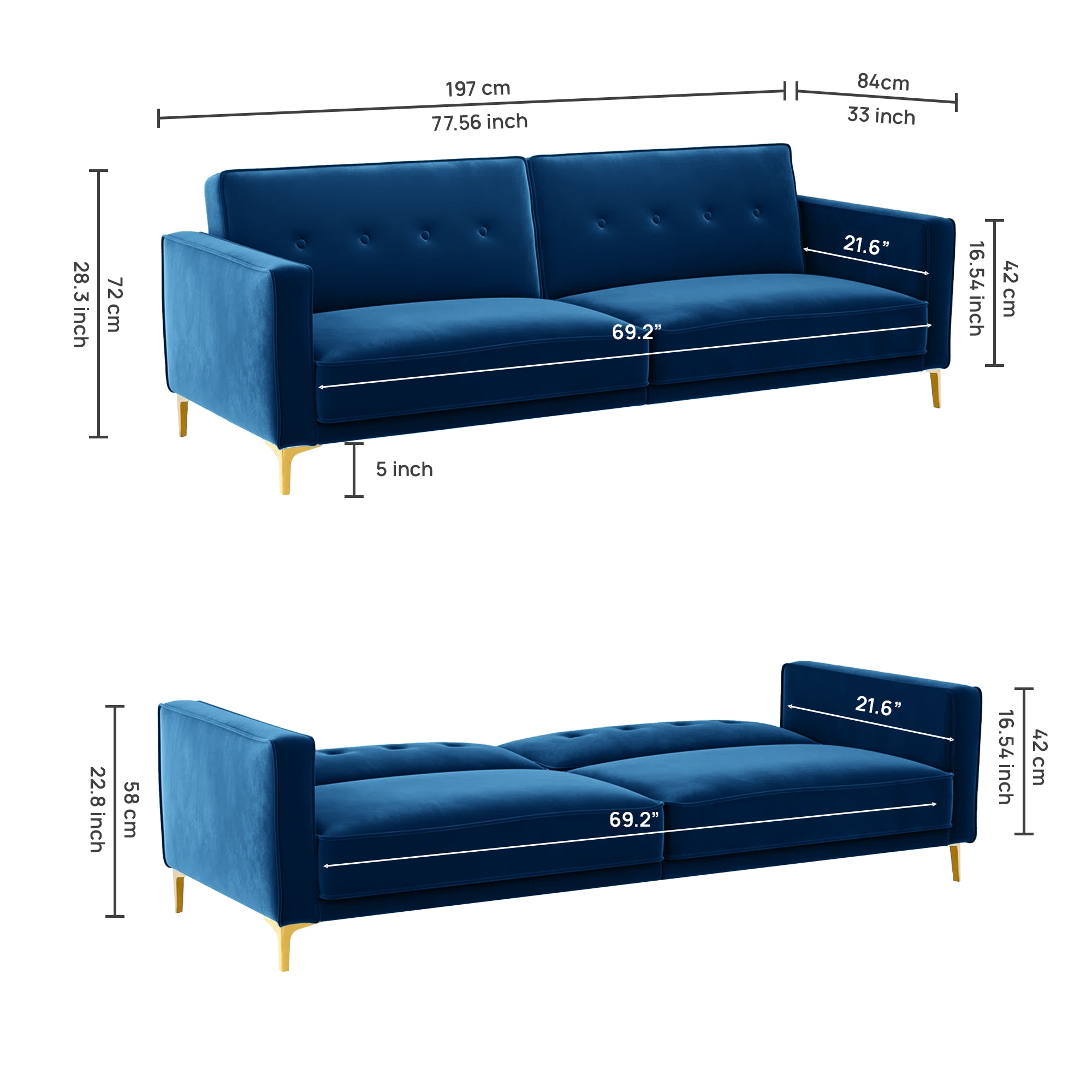 Calisa 3 Seater Velvet Sofa Cum Bed in Navy Blue colour