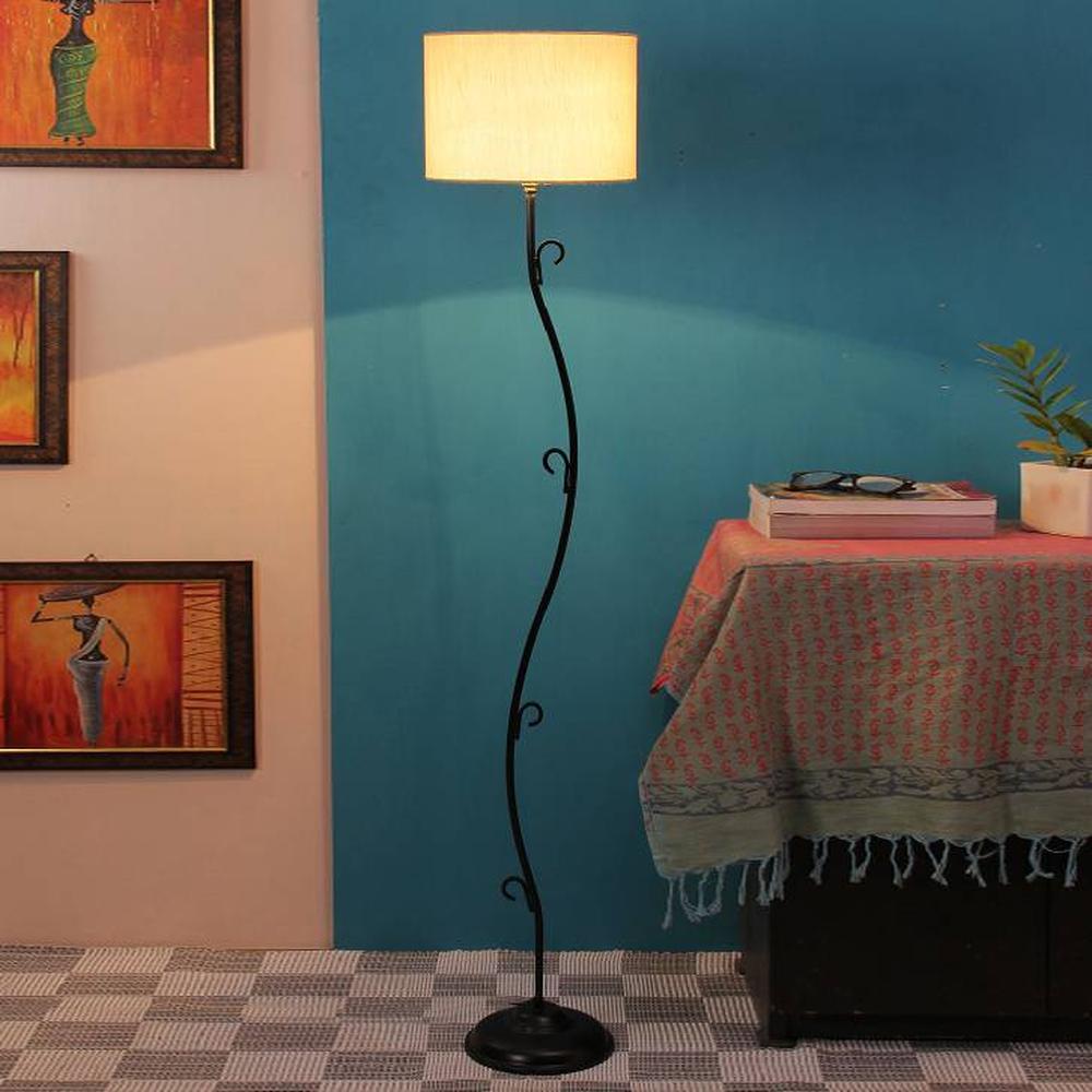 Rastus Off White Fabric Floor Lamp with Black Iron Base - Devansh