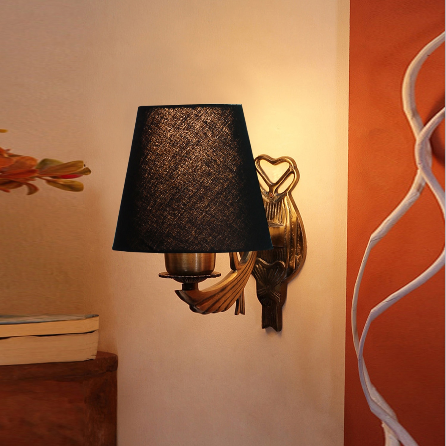 Devansh Metal Electric Wall Light in Antique Gold Colour with Black Shade Count of 1 Light - Devansh