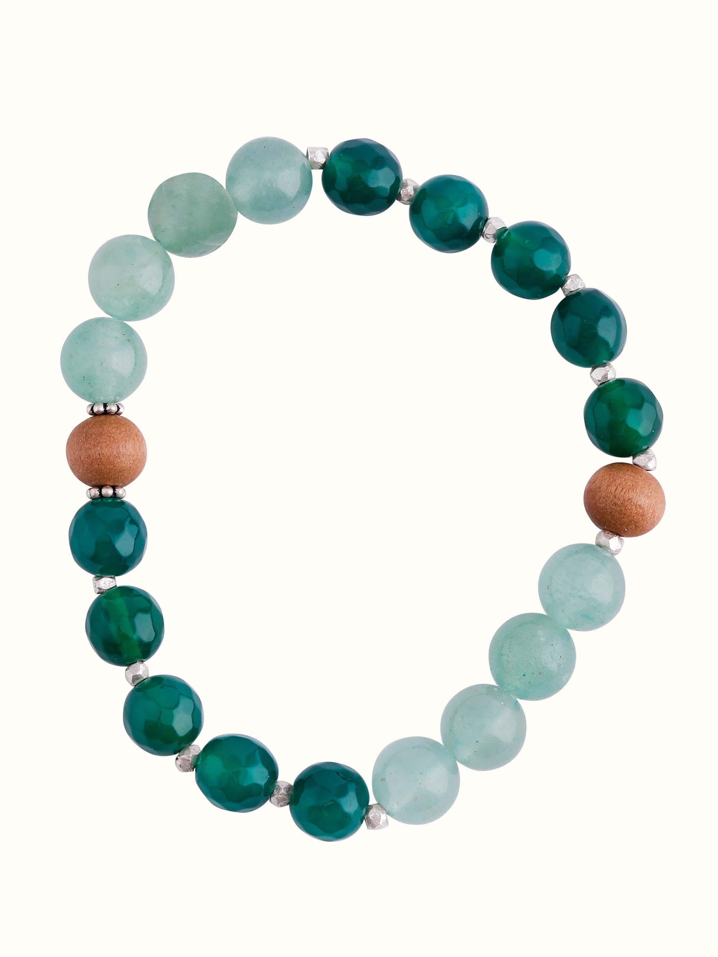 Front view of Green Aventurine & Green Onyx Bracelet showing two tones of green in a minimalist silver frame