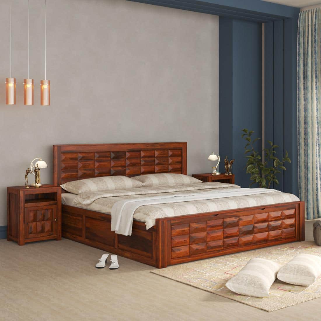 Shashi Solid Wood Queen Size Bed With Box & Front Drawer Storage Bed In Honey Oak Finish