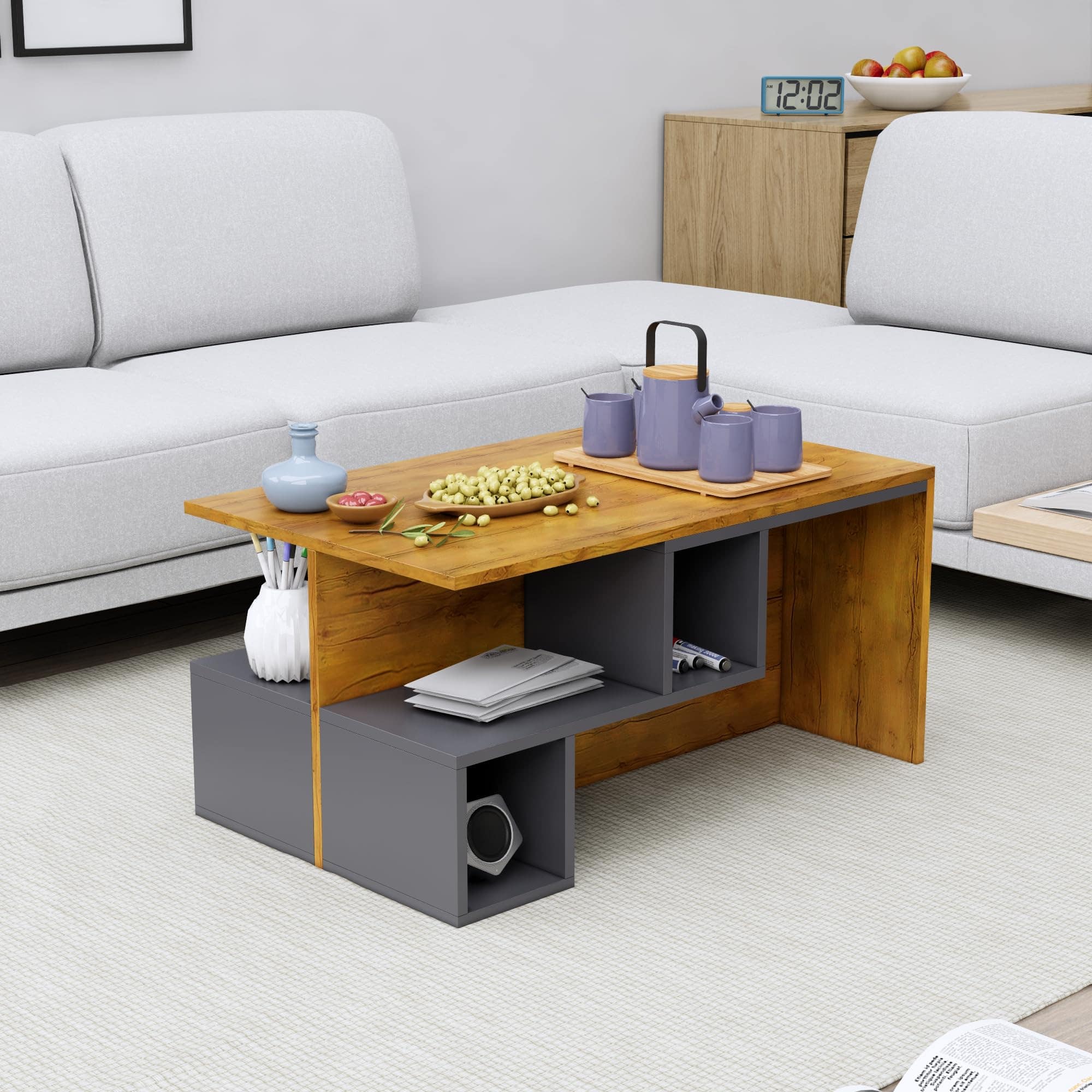 Hexa Engineered Wood Coffee Table With Storage In Giant Wood And Slate Grey - HexaRed