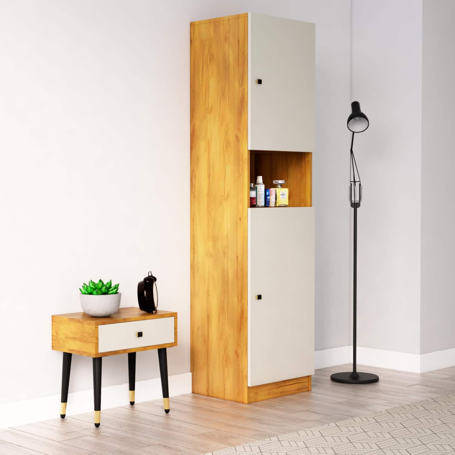 Hexa Red Wooden 2 Door Wardrobe with Hanging Space in Giant Wood and Frosty White Colour - HexaRed