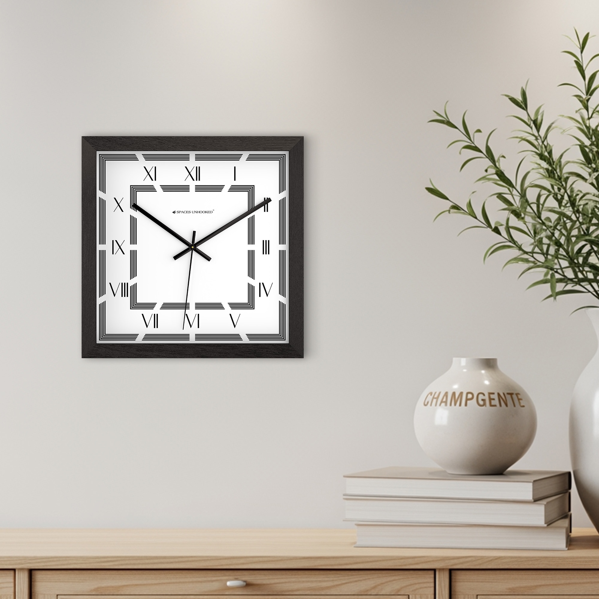 Bold Square Wooden Wall Clock with Roman Numerals and Geometric Frame - Spaces Unhoooked